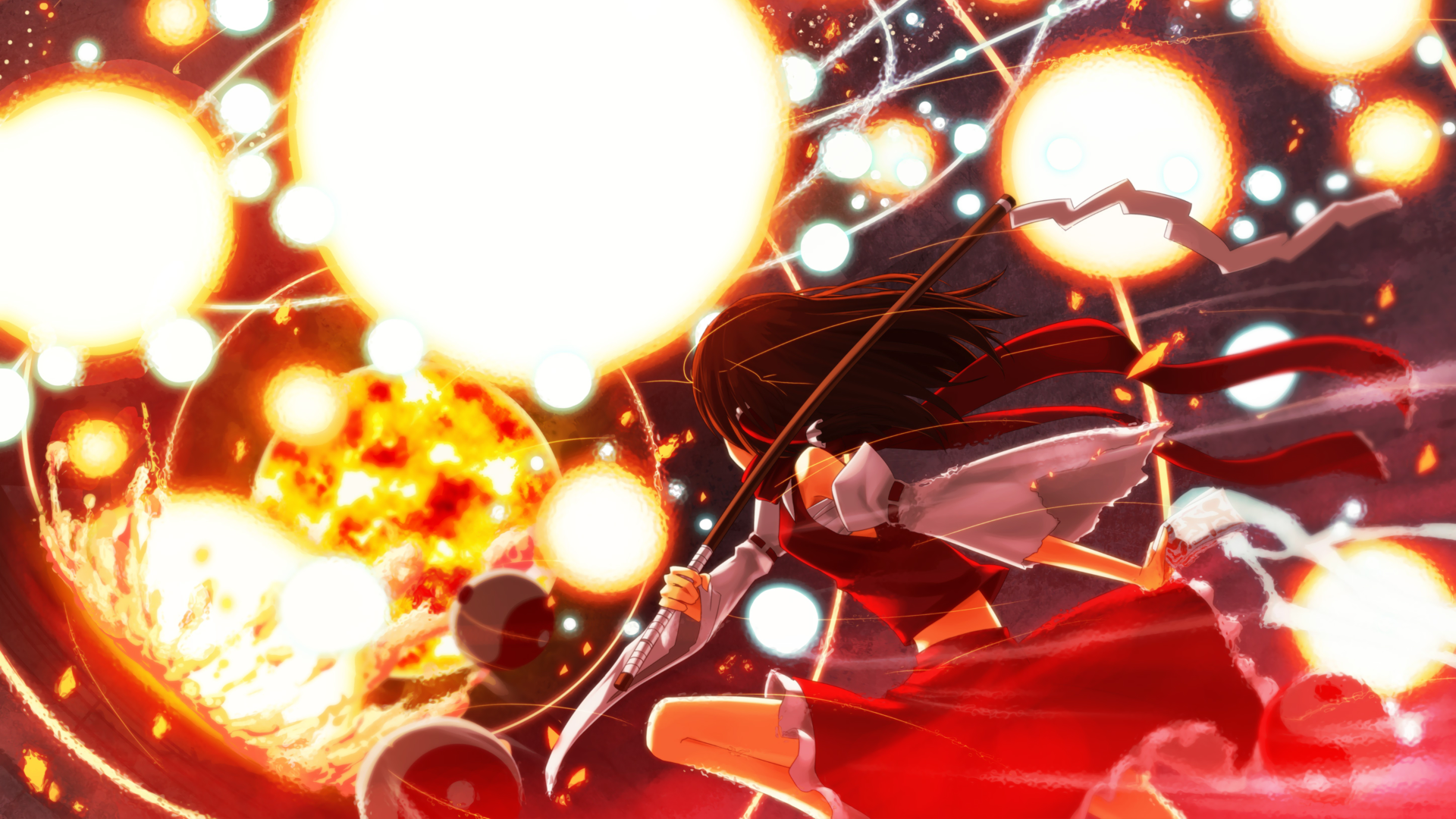Girl with spear and fiery orbs HD Wallpaper