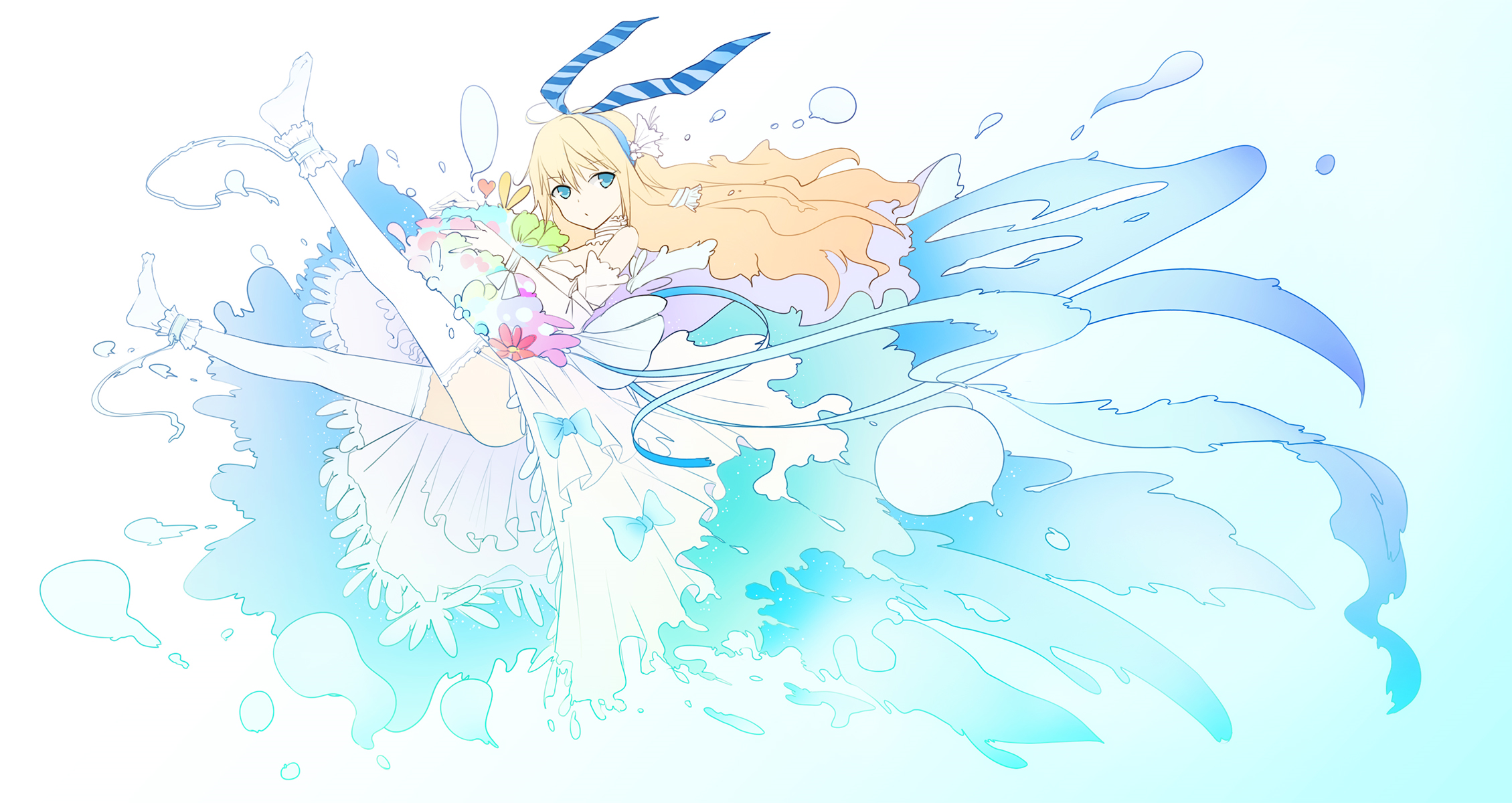 Anime girl with blonde hair and blue eyes in a white dress HD Wallpaper