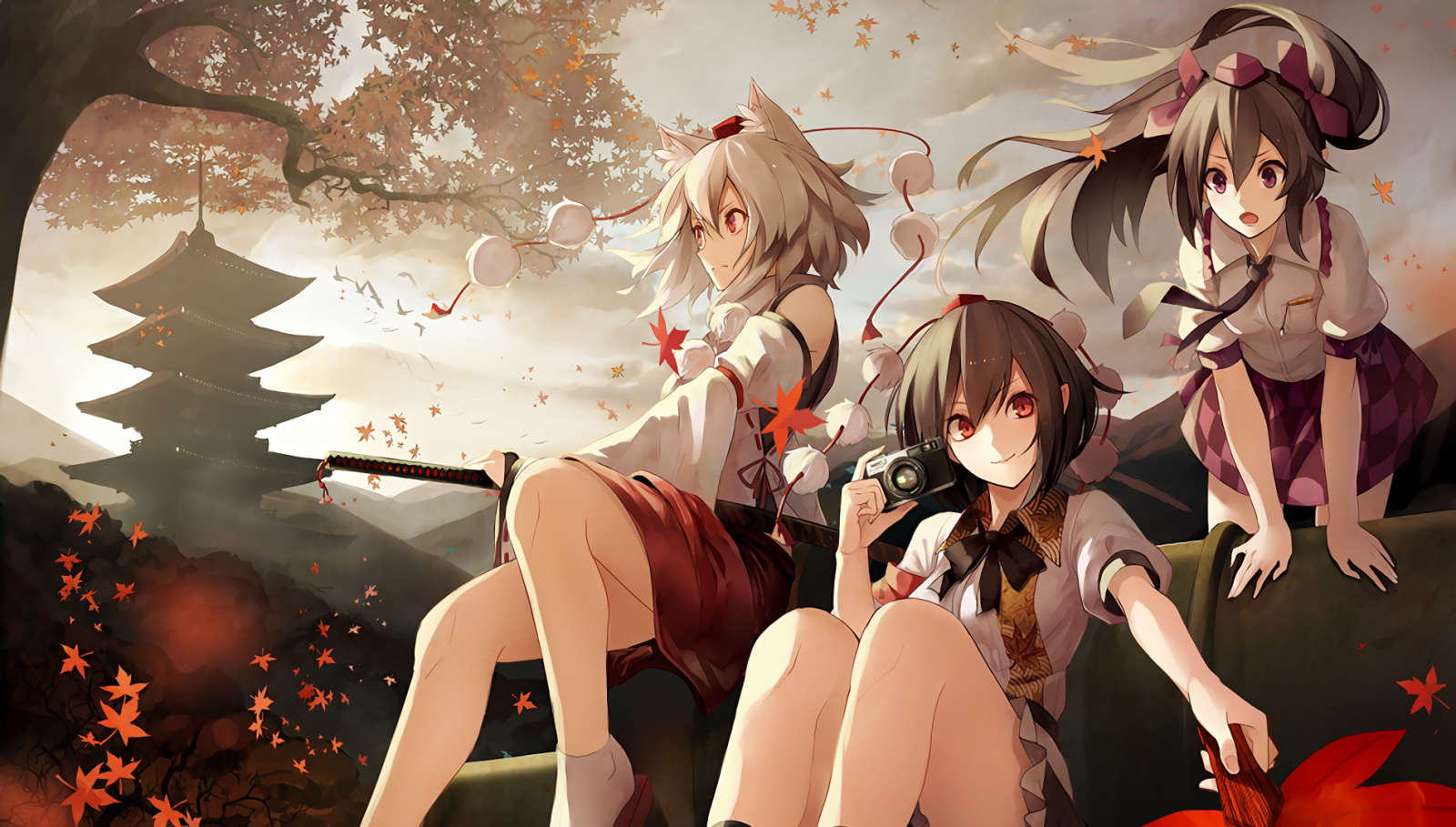 Anime girls with Japanese pagoda and autumn leaves HD Wallpaper