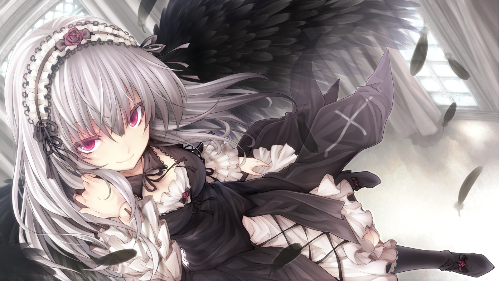 Anime girl with black wings and gothic dress HD Wallpaper