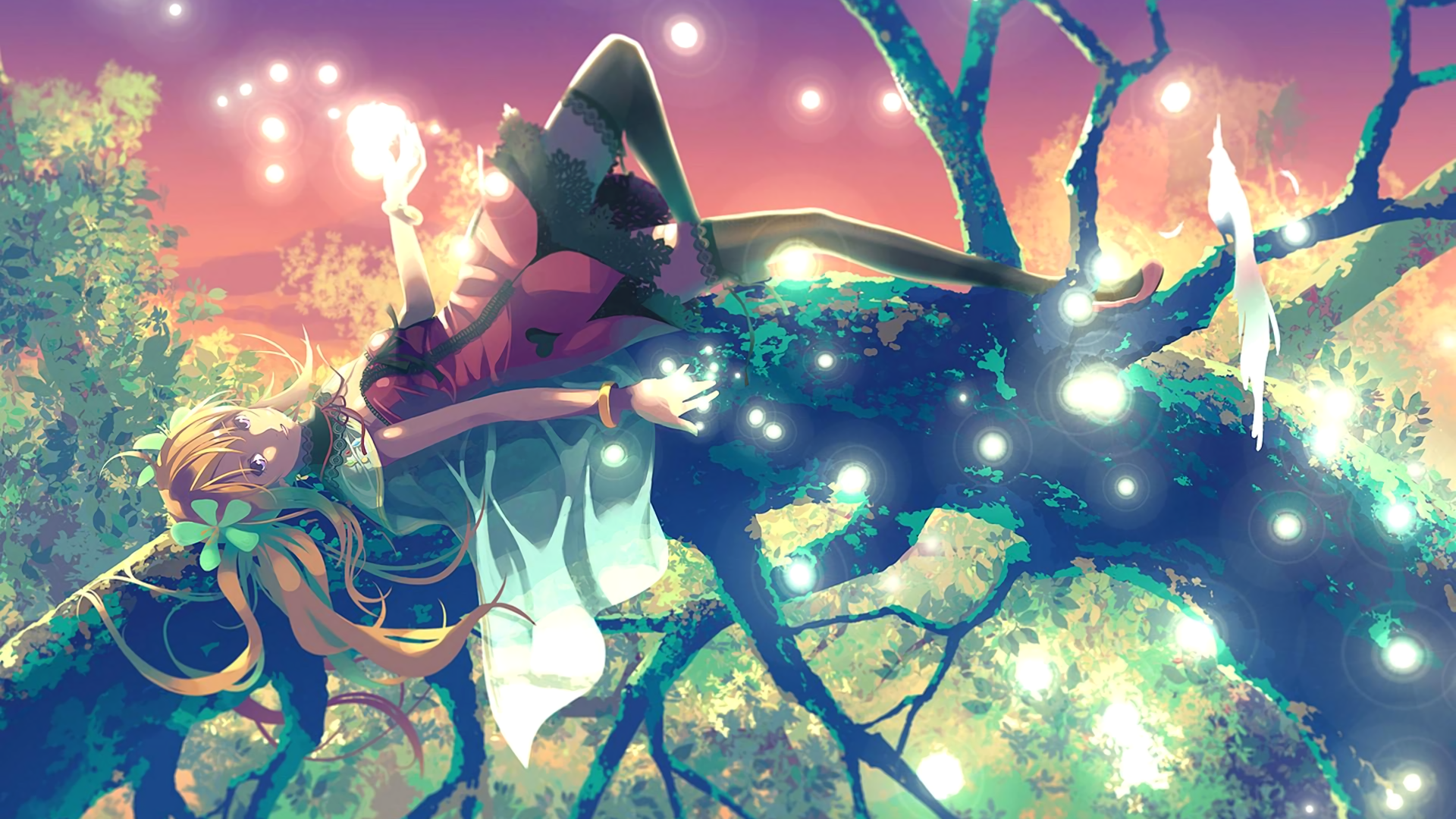 Anime girl with blonde hair sitting on a tree branch HD Wallpaper