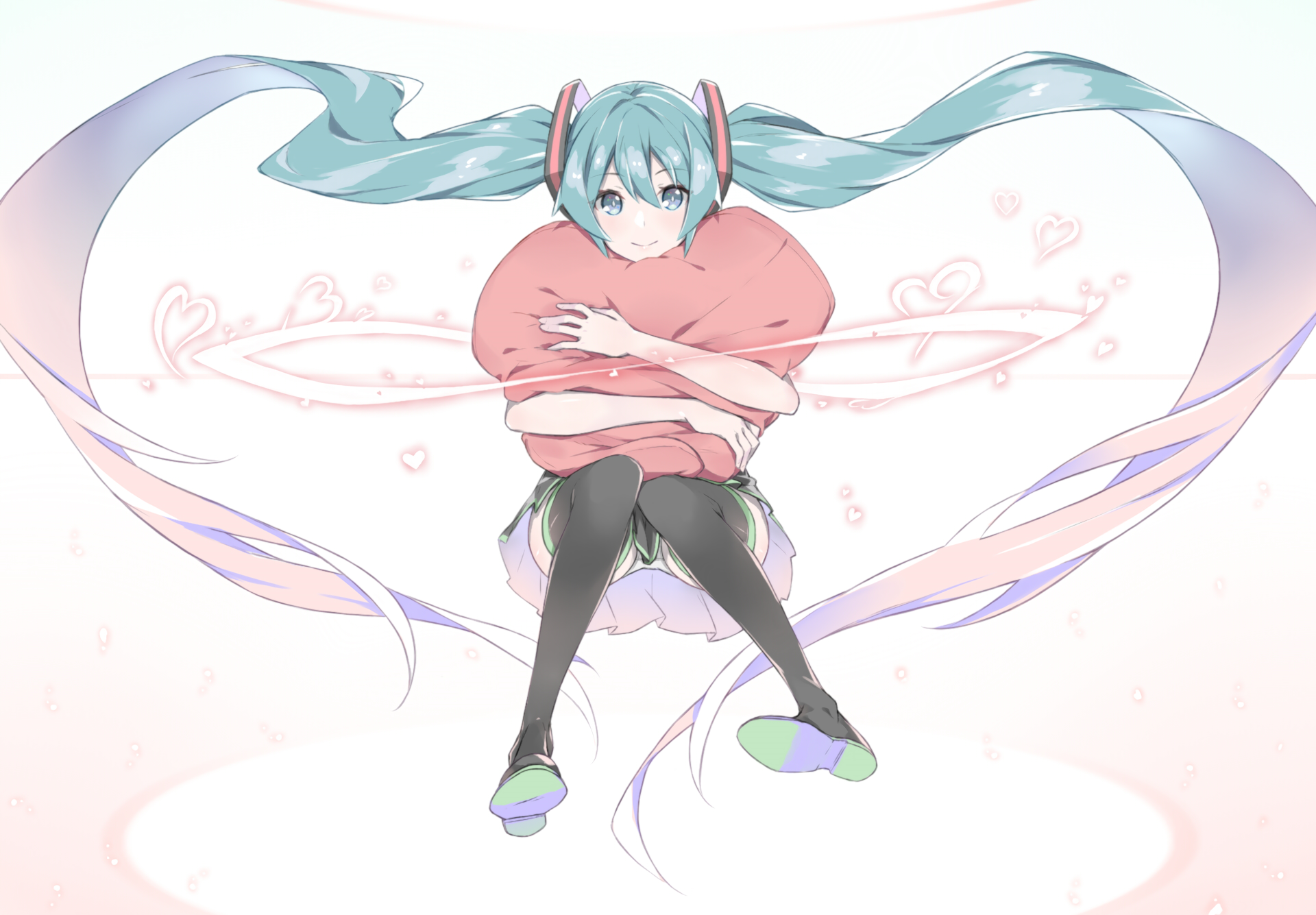 Hatsune Miku hugging a pillow with heart-shaped ribbons HD Wallpaper