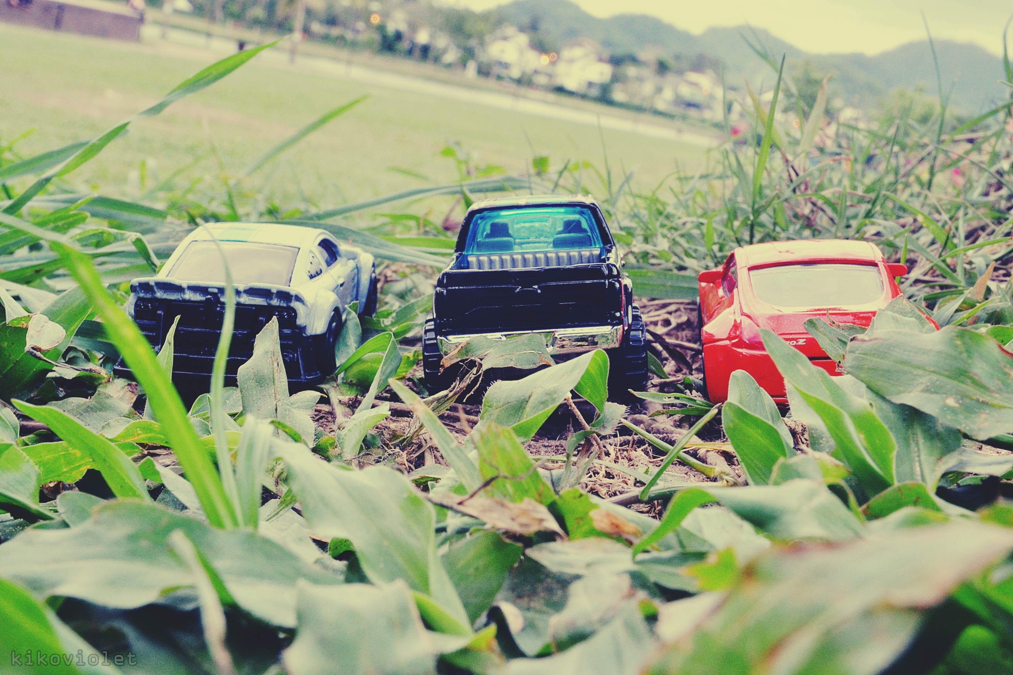 Three toy cars on grass with hills in background HD Wallpaper
