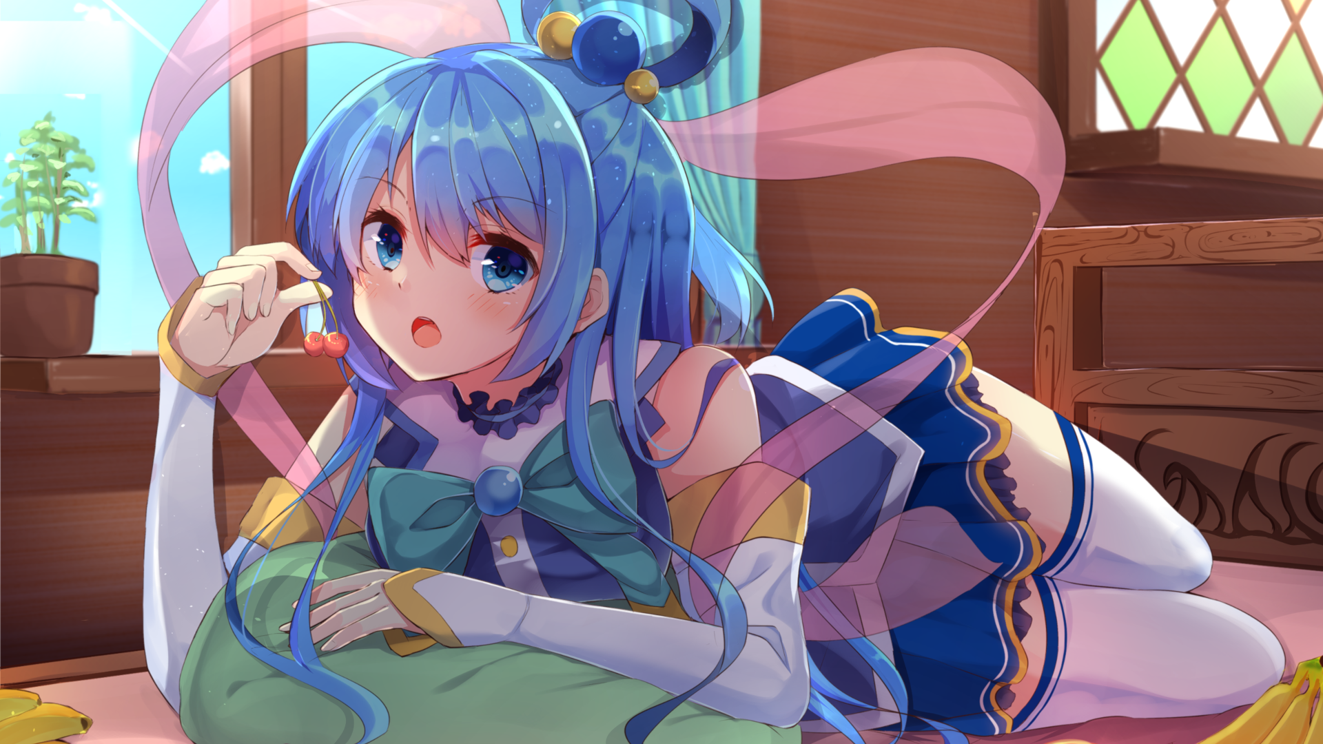 Aqua from Kono Subarashii Sekai ni Shukufuku wo eating cherries HD Wallpaper