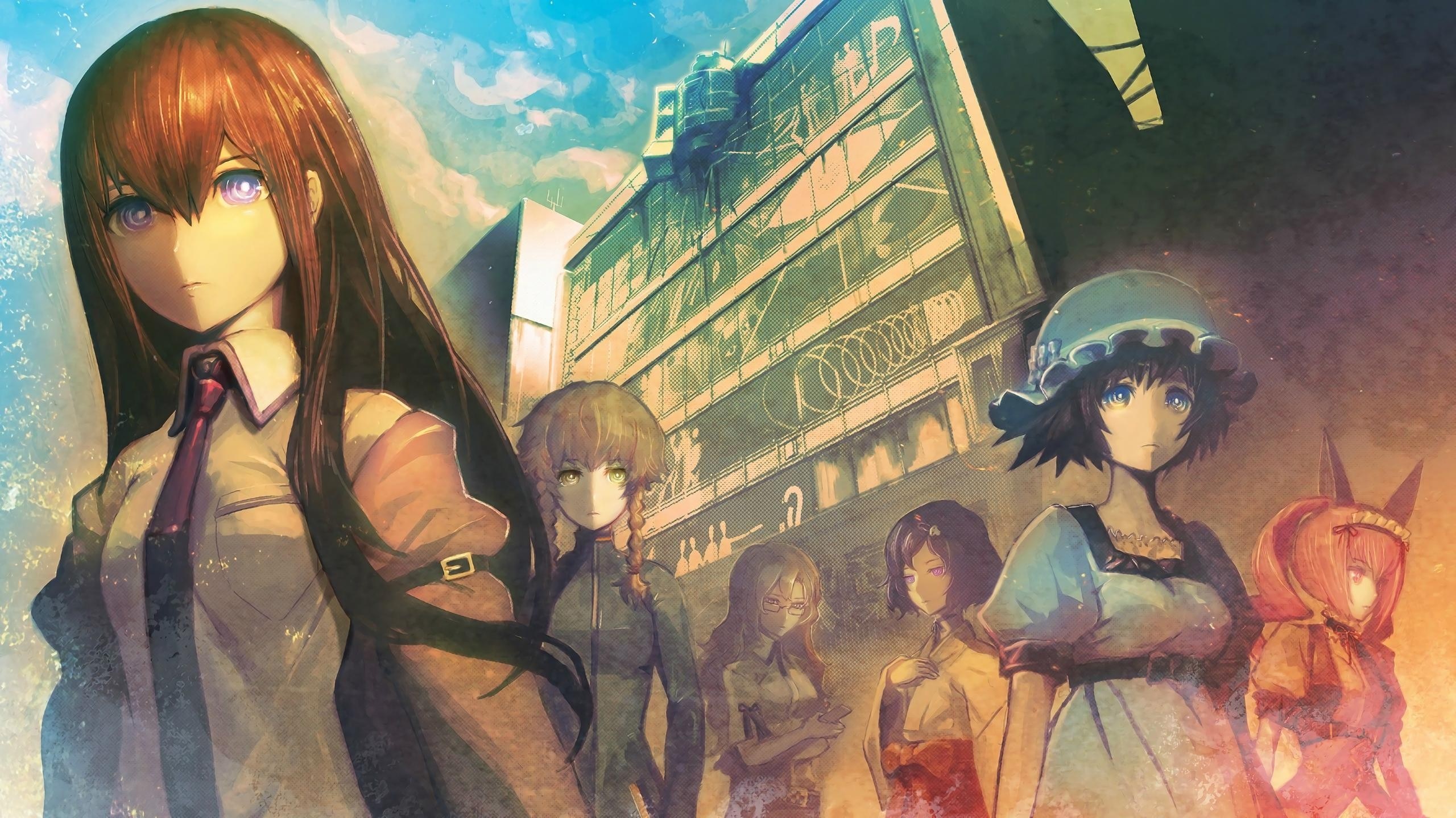 Steins;Gate characters in front of a building HD Wallpaper