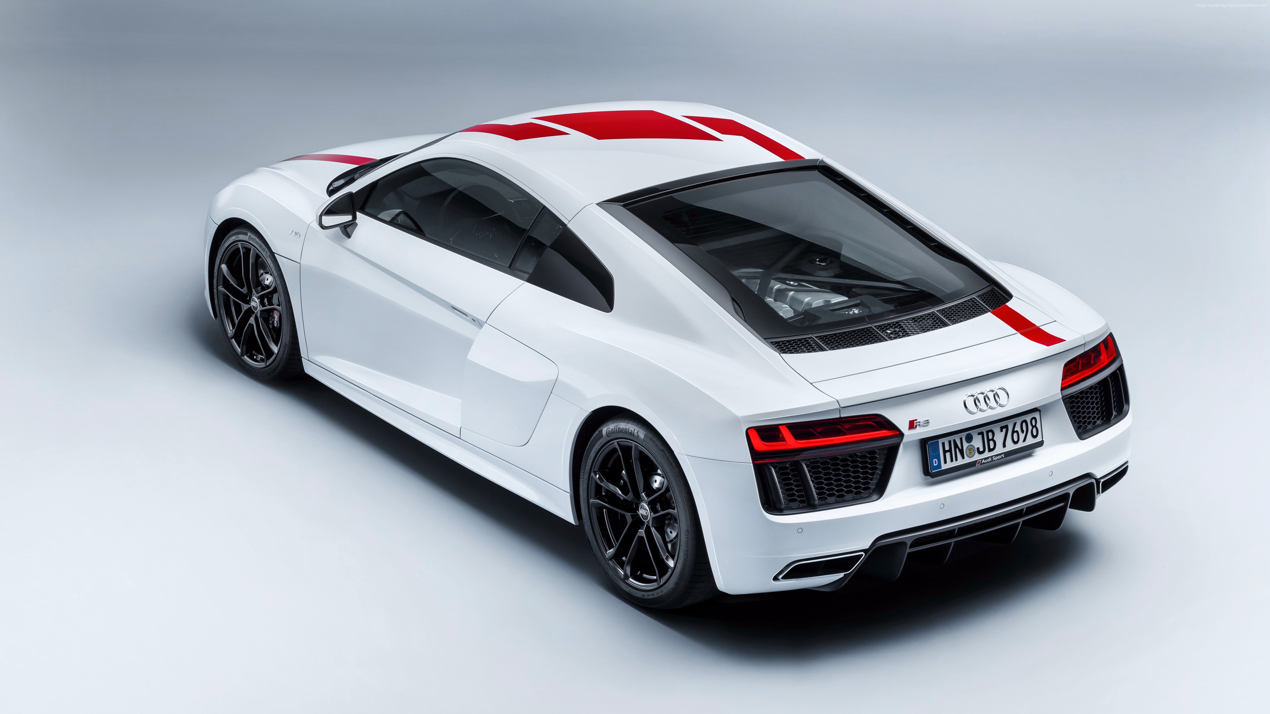 White Audi R8 V10 RWS with red stripes 4K HD Wallpaper