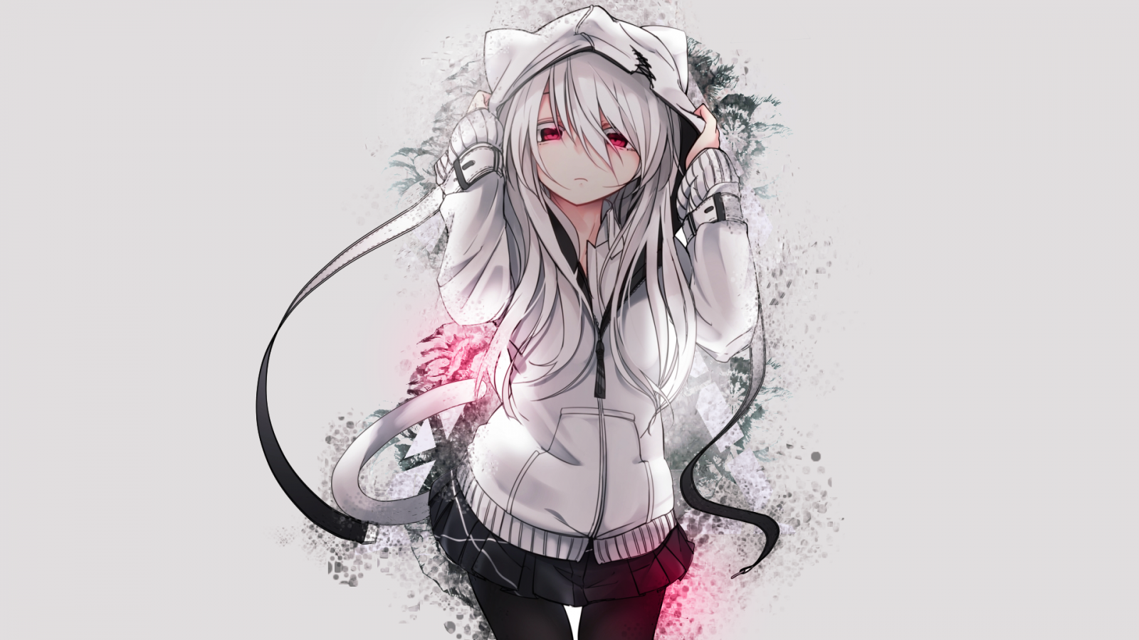 Anime girl with white hair and red eyes wearing a hoodie HD Wallpaper