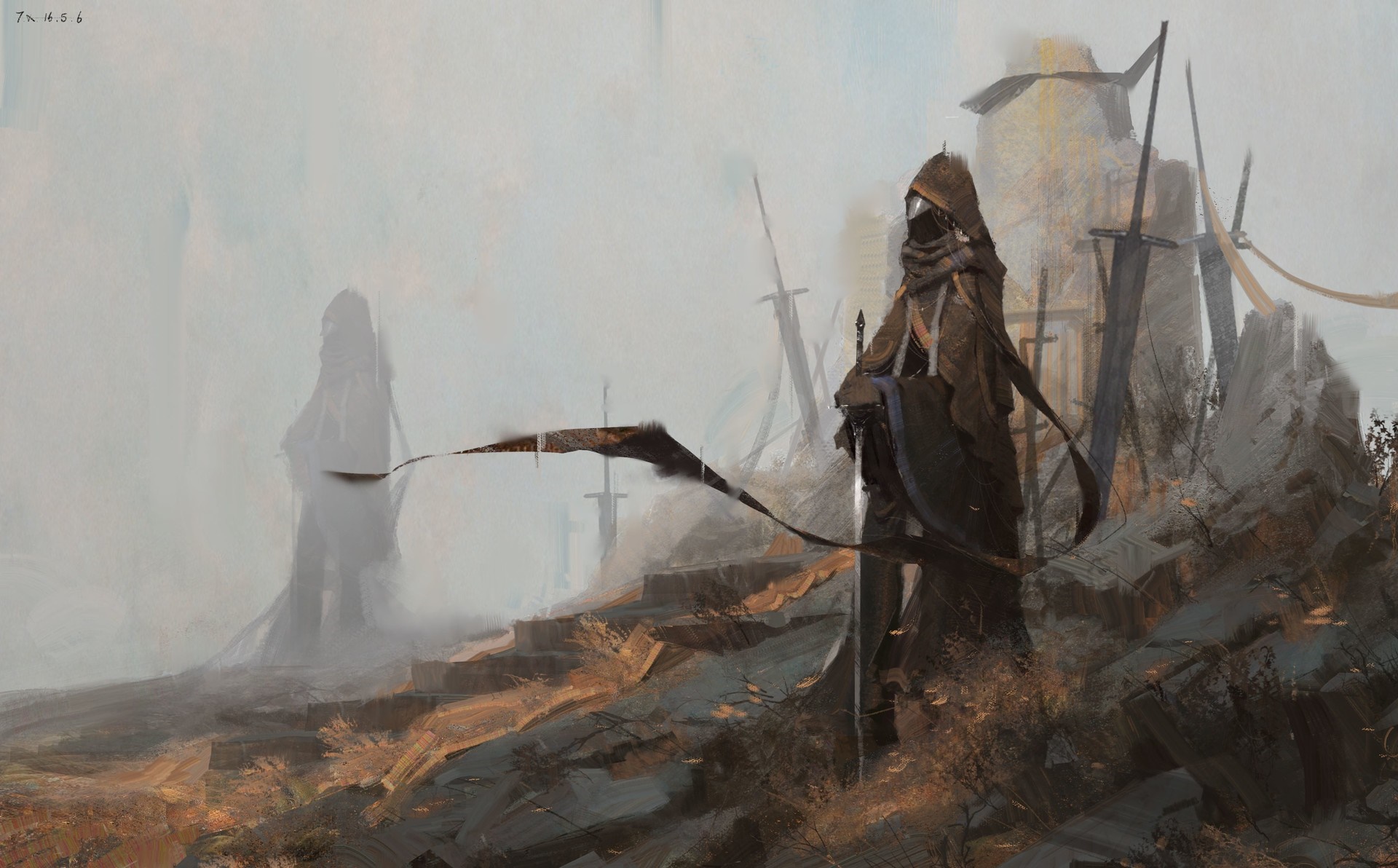 Two hooded figures stand amidst swords and ruins HD Wallpaper