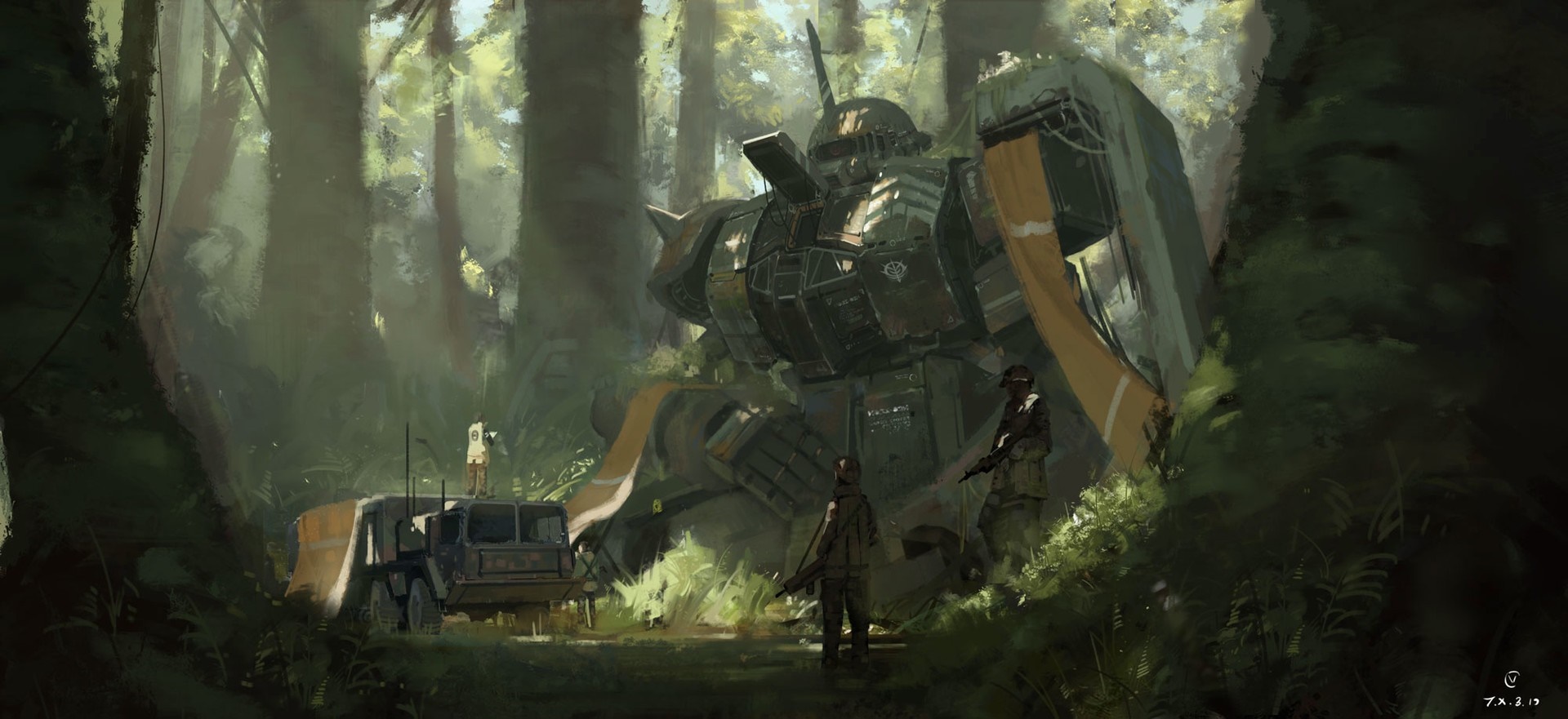 Giant robot in a jungle with soldiers and a vehicle HD Wallpaper