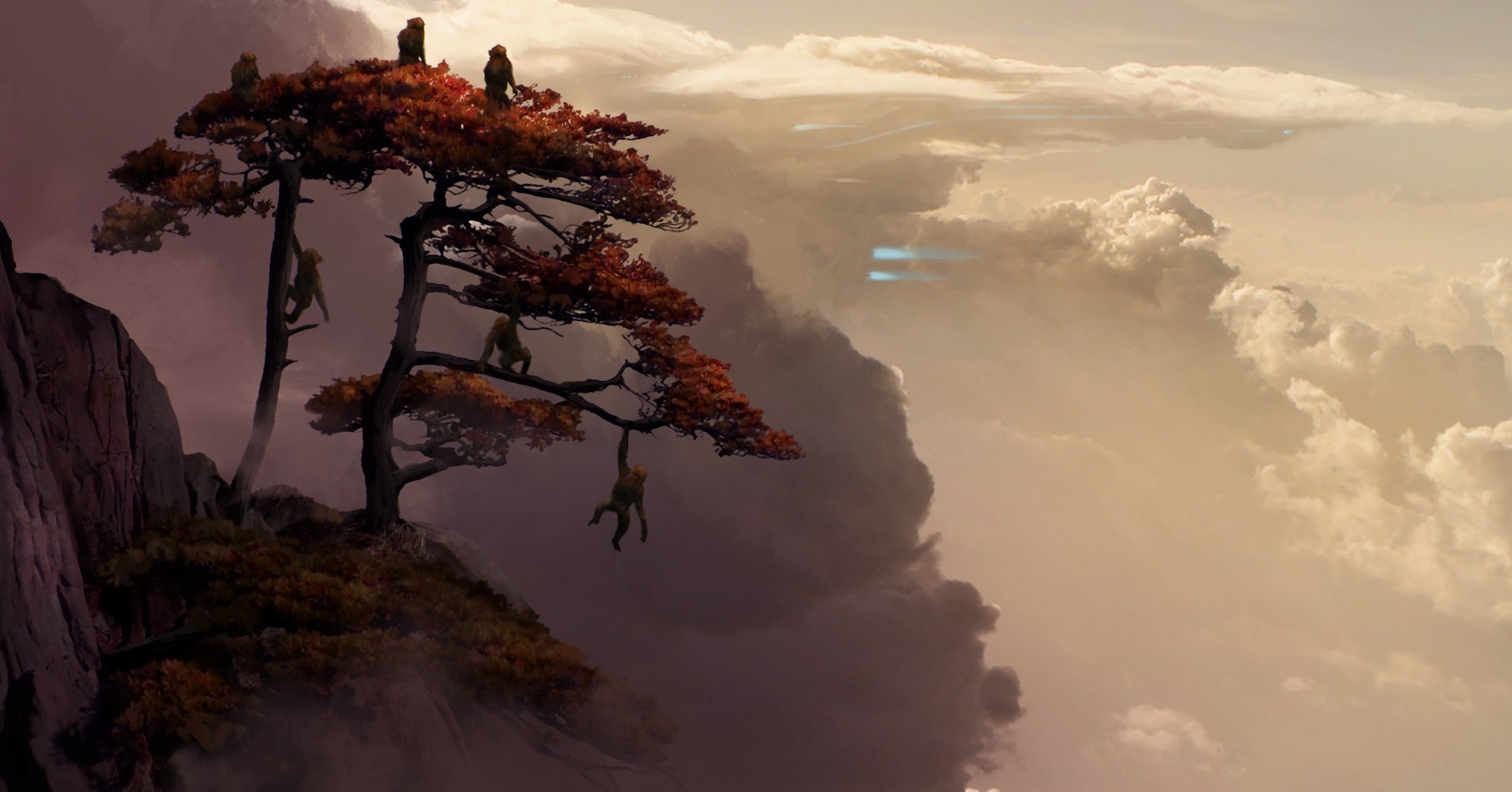 Monkeys on a tree on a cliff with clouds and flying objects HD Wallpaper
