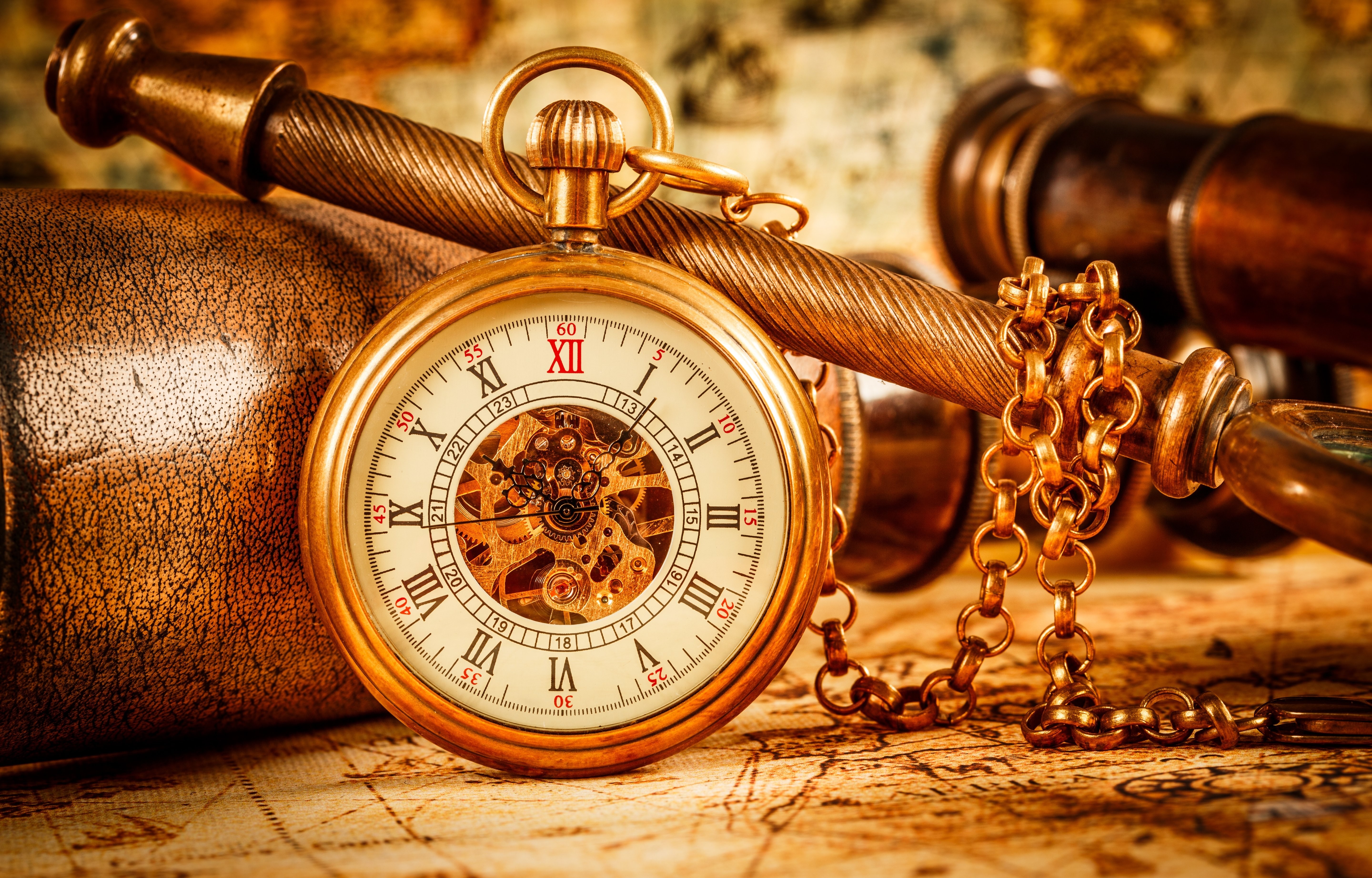 Vintage pocket watch with chain and spyglass HD Wallpaper