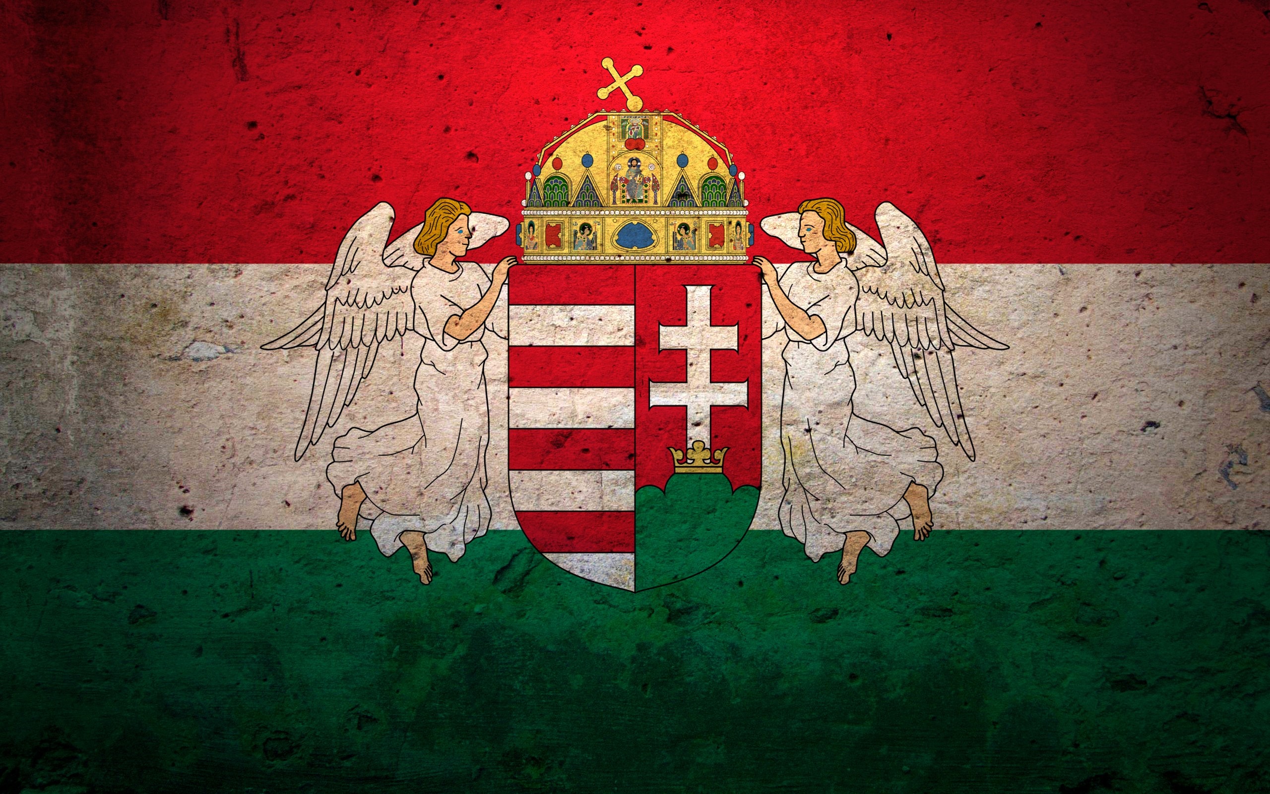 Hungarian flag with coat of arms and angels HD Wallpaper