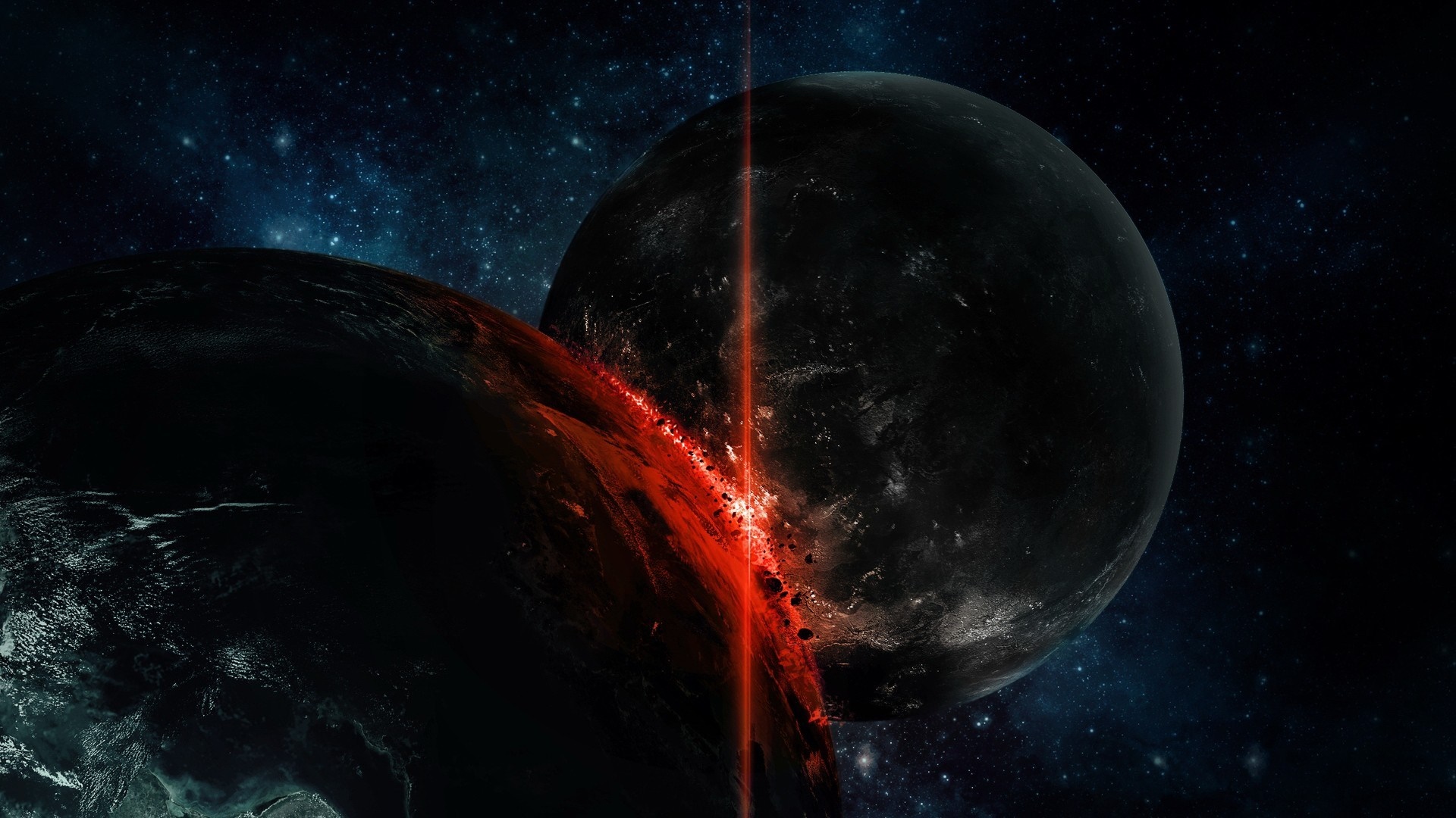 Two planets colliding in space with a red beam HD Wallpaper