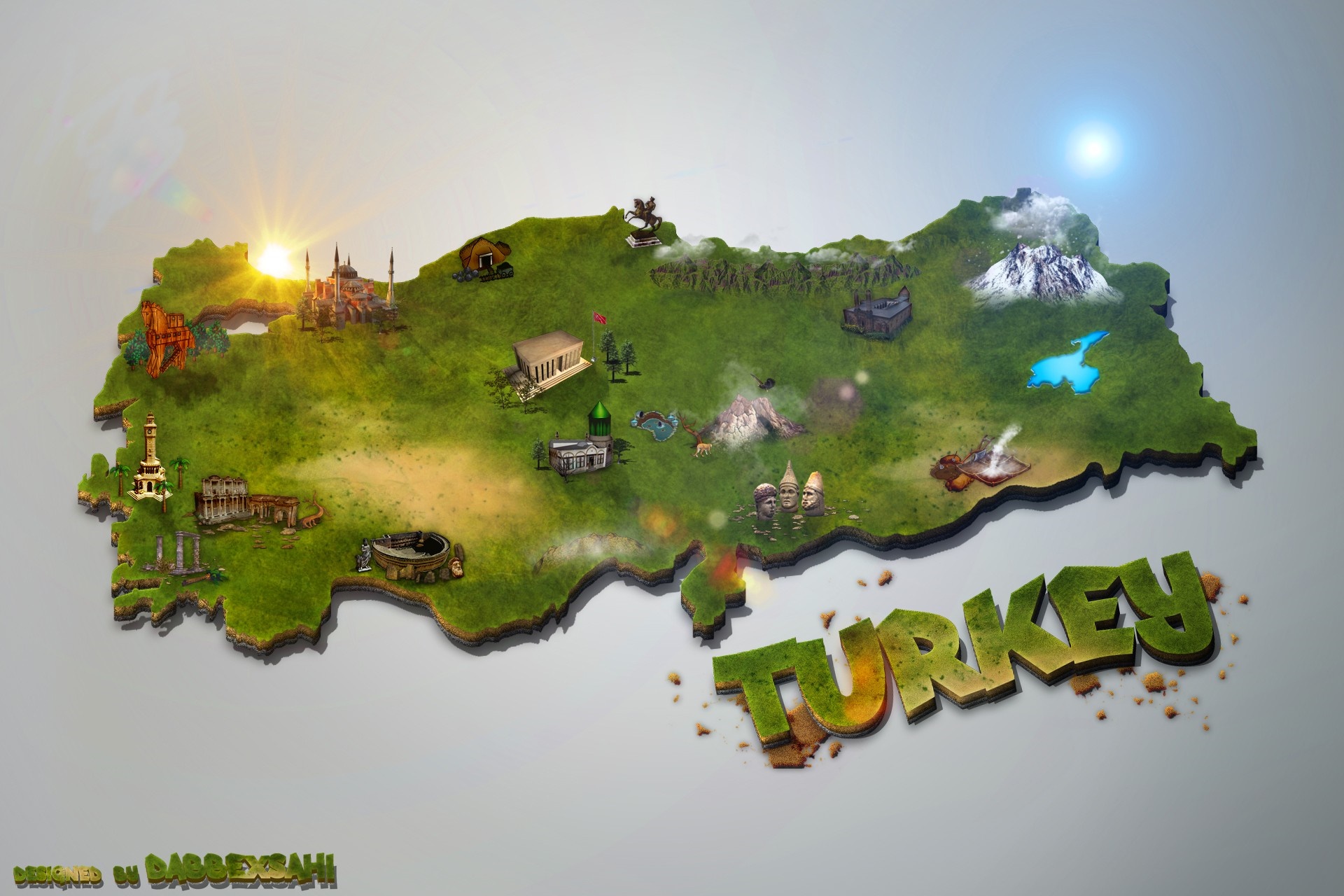 3D map of Turkey with landmarks and text HD Wallpaper