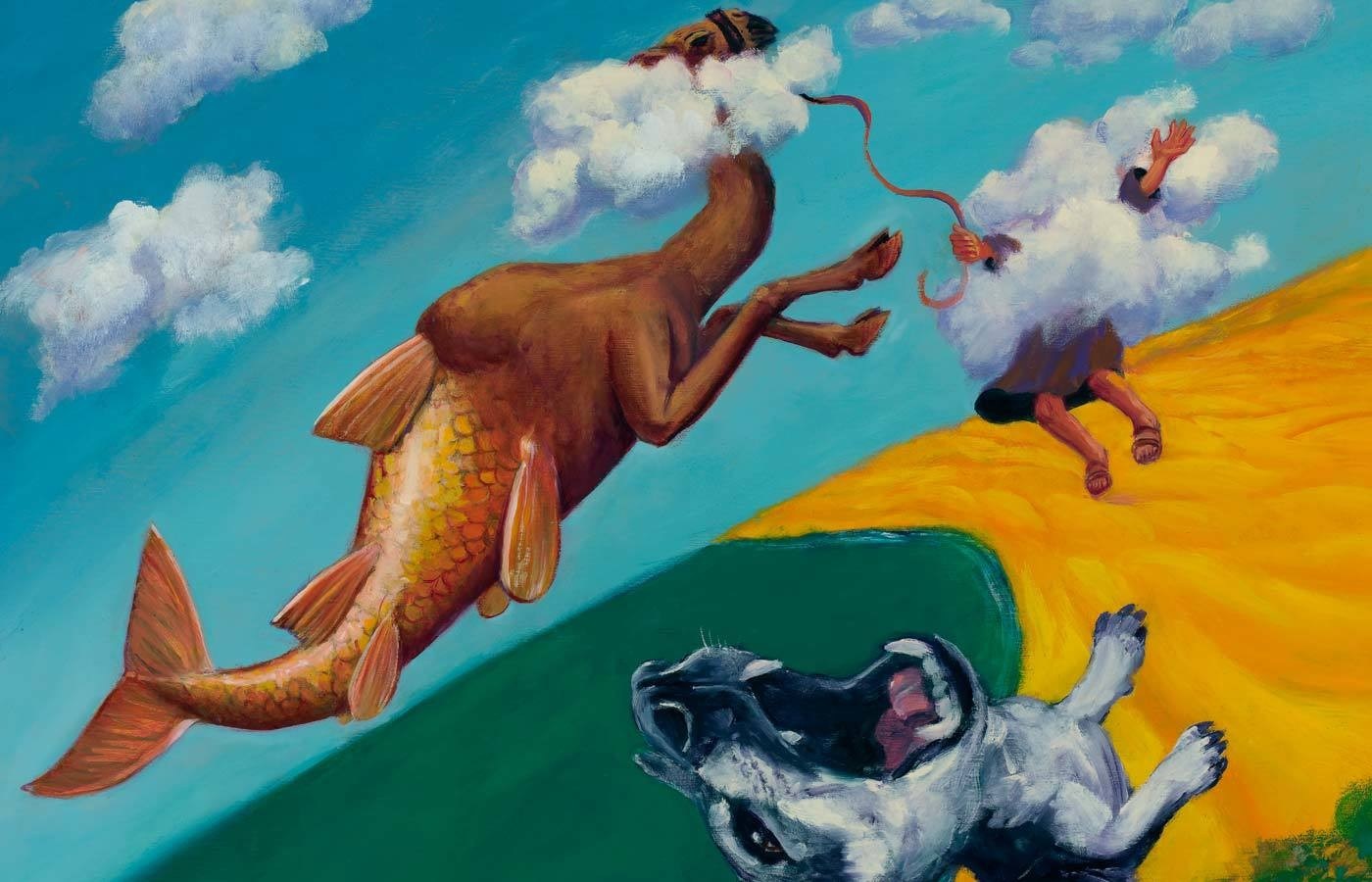 Surreal scene with mythical creatures and a dog HD Wallpaper