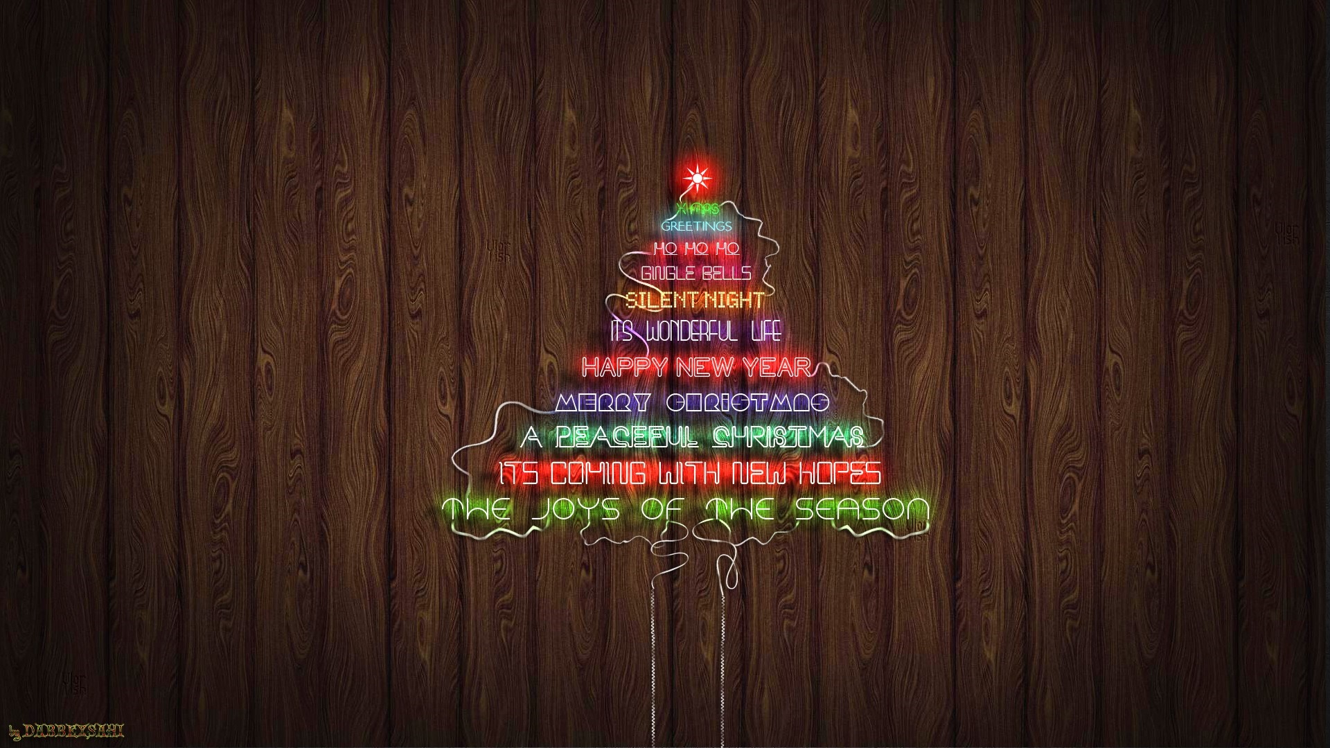 Christmas tree made of neon text on wood background HD Wallpaper