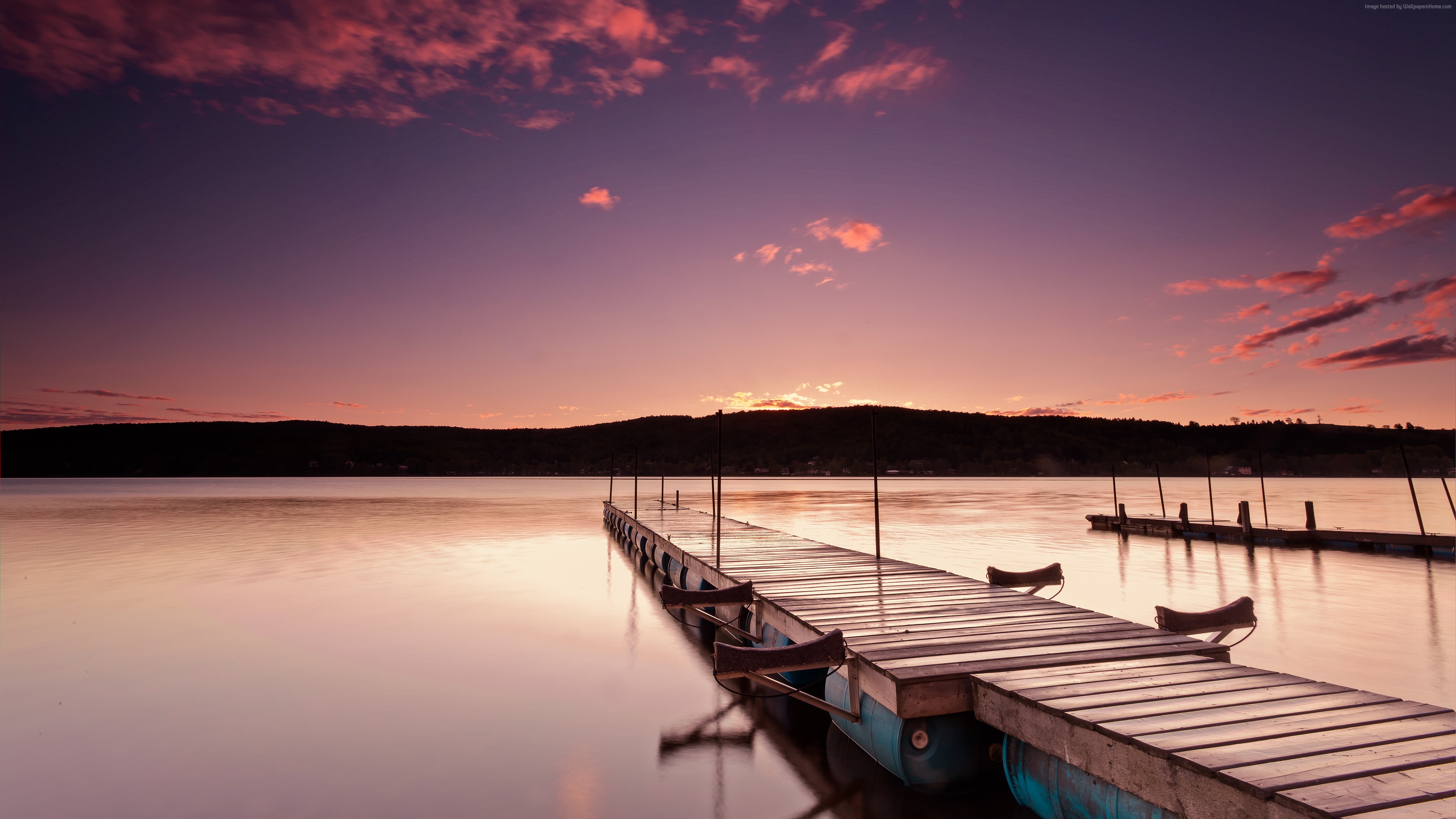 Pink sunrise over a lake with a dock in Quebec, Canada HD Wallpaper