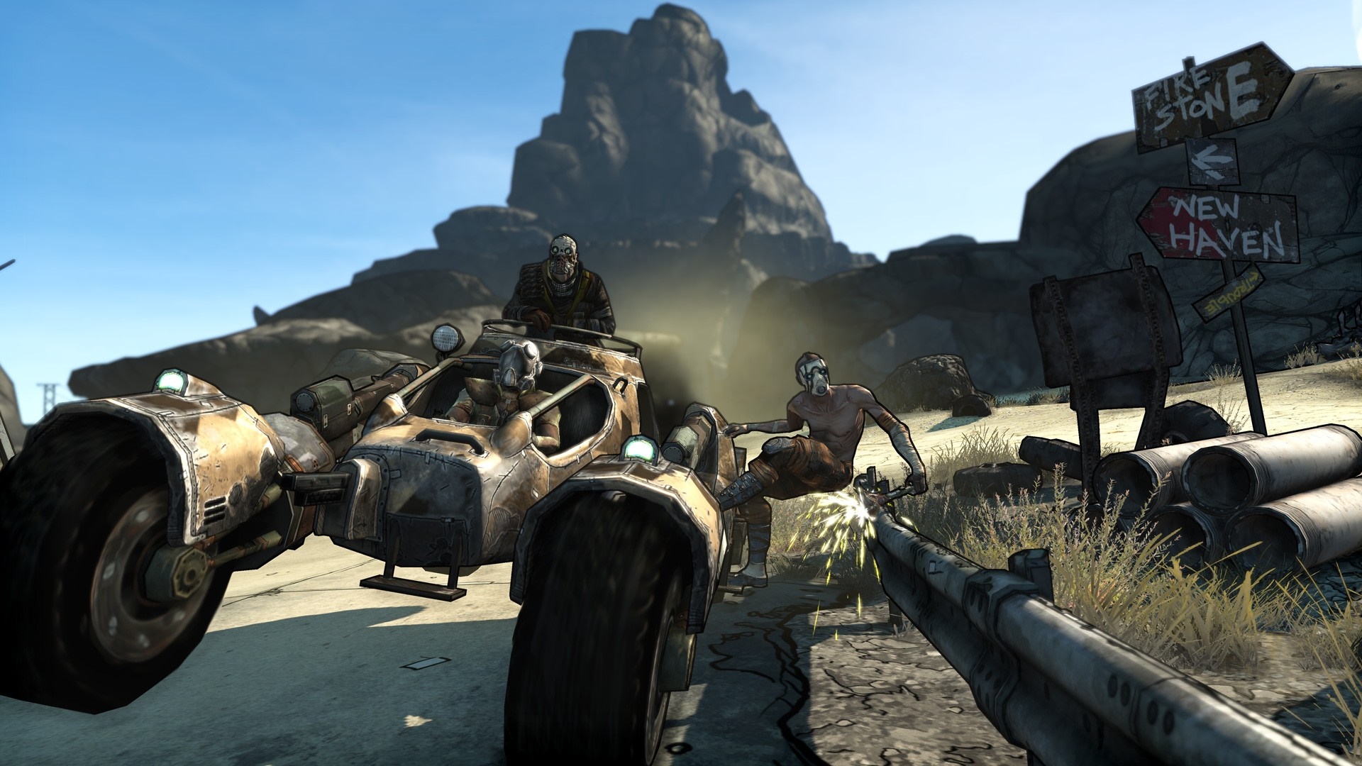 Borderlands screenshot of a vehicle with bandits HD Wallpaper