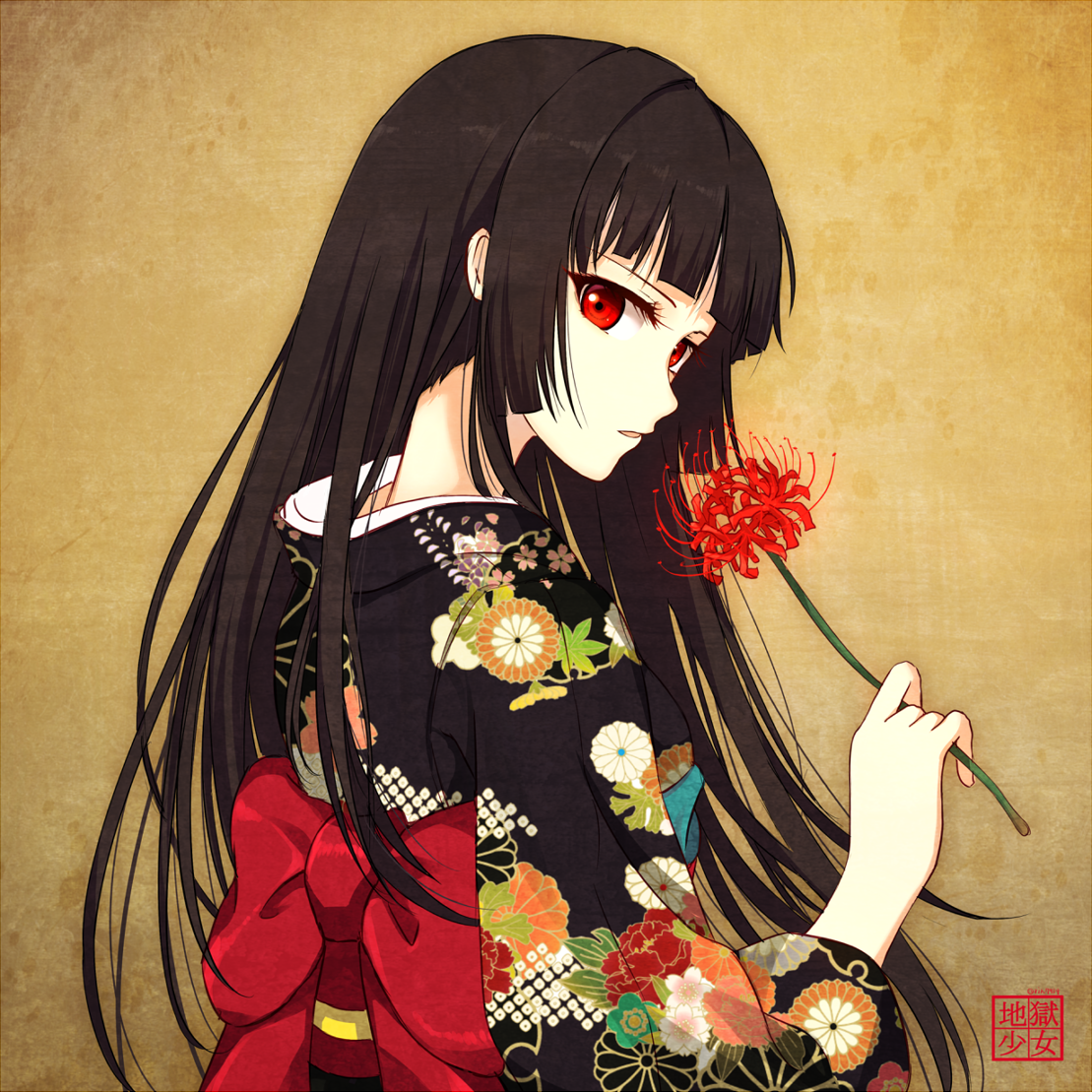Enma Ai from Jigoku Shoujo holding a red spider lily HD Wallpaper