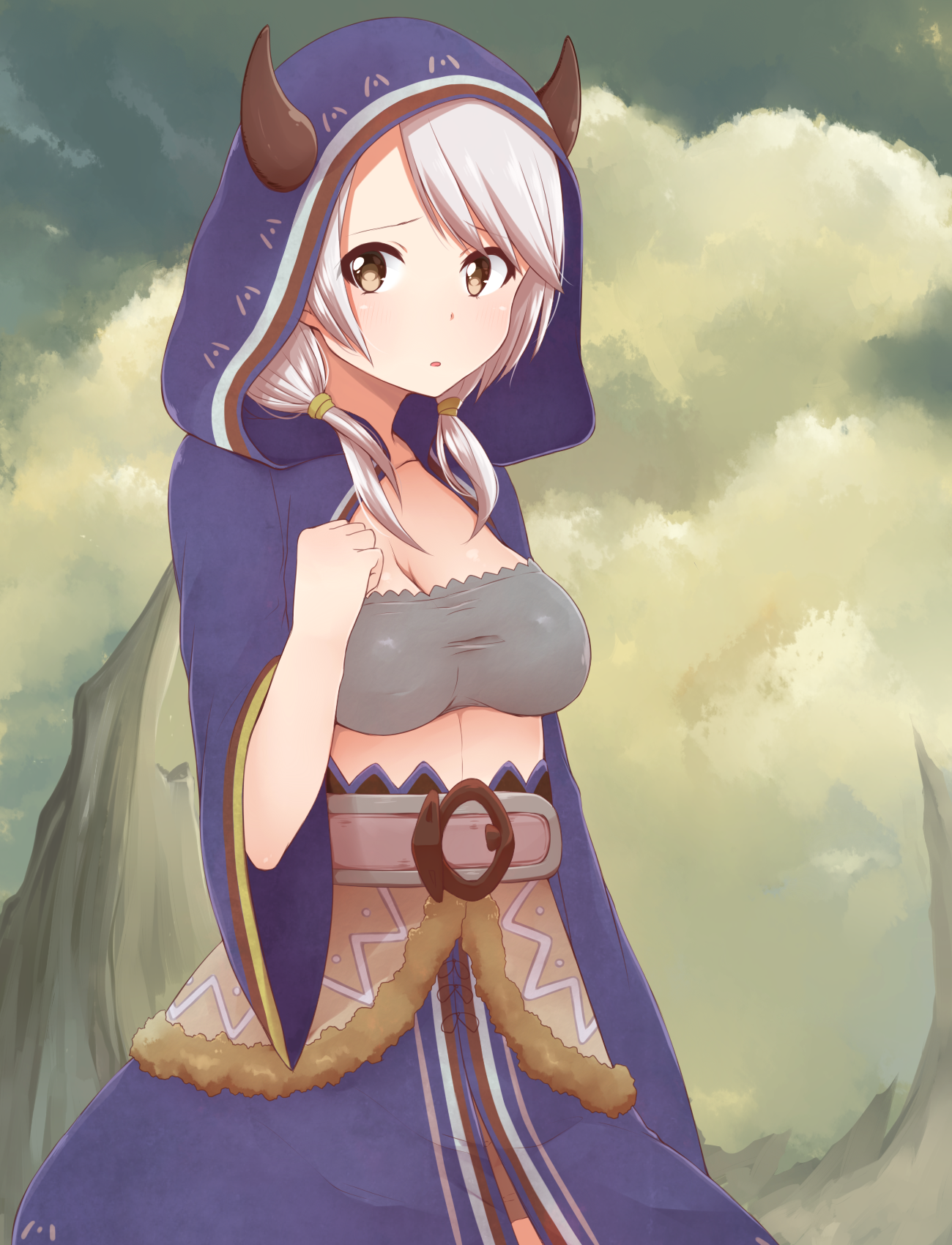 Anime girl with horns and blue cloak HD Wallpaper