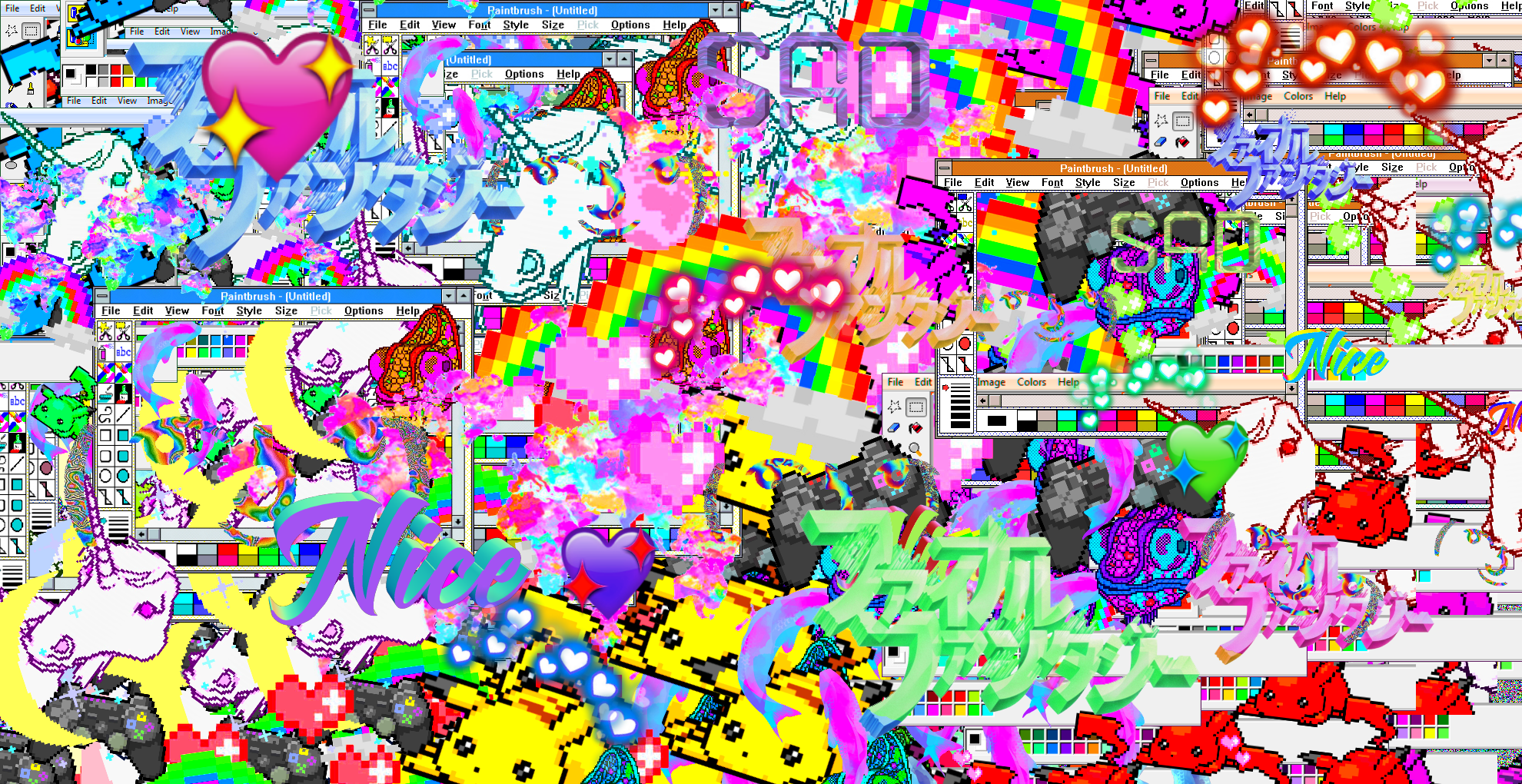 Glitch art with unicorns, rainbows, and anime characters HD Wallpaper