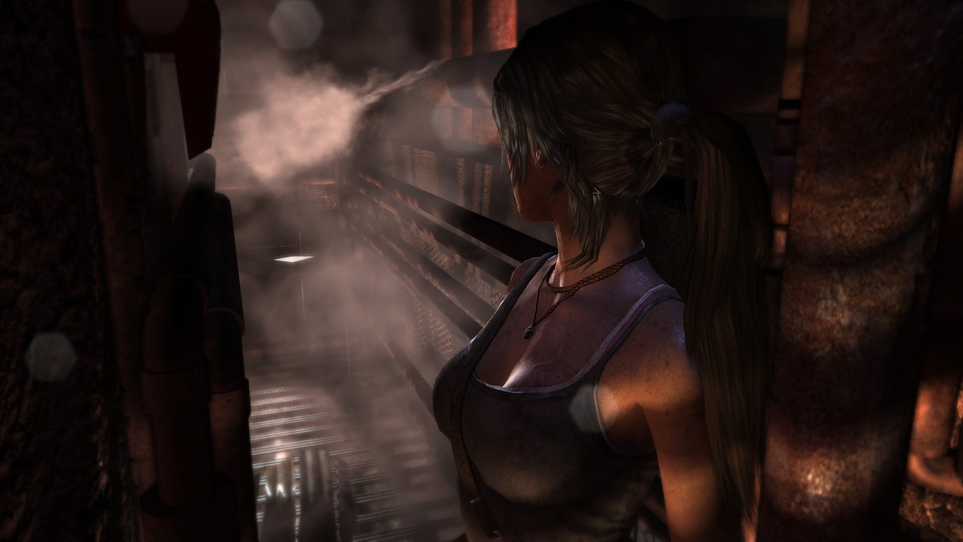 Lara Croft from Tomb Raider in a dark, steamy environment HD Wallpaper
