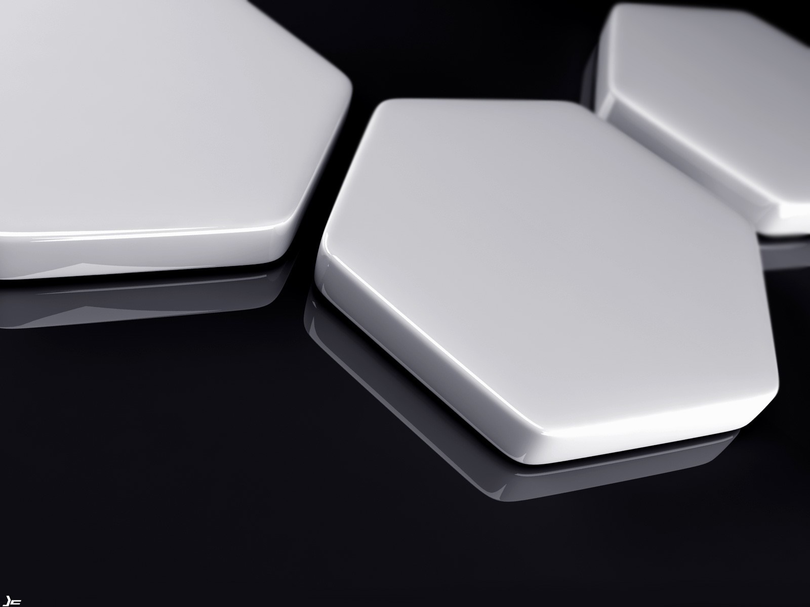 Abstract white hexagons on black reflective surface HD Wallpaper
