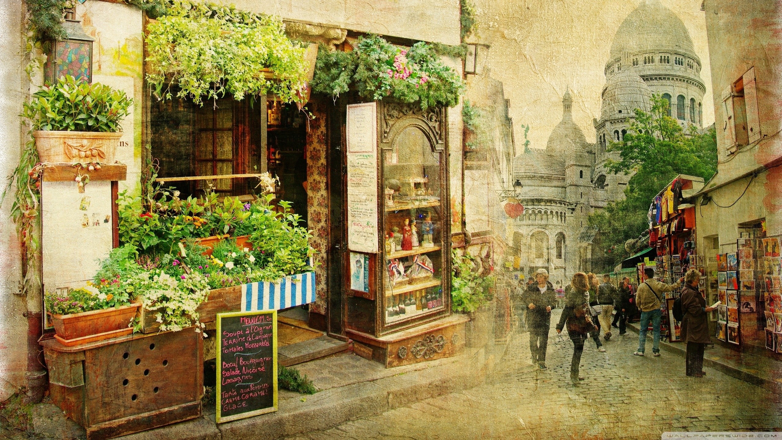 Parisian street with Sacre-Coeur Basilica and flower shop HD Wallpaper