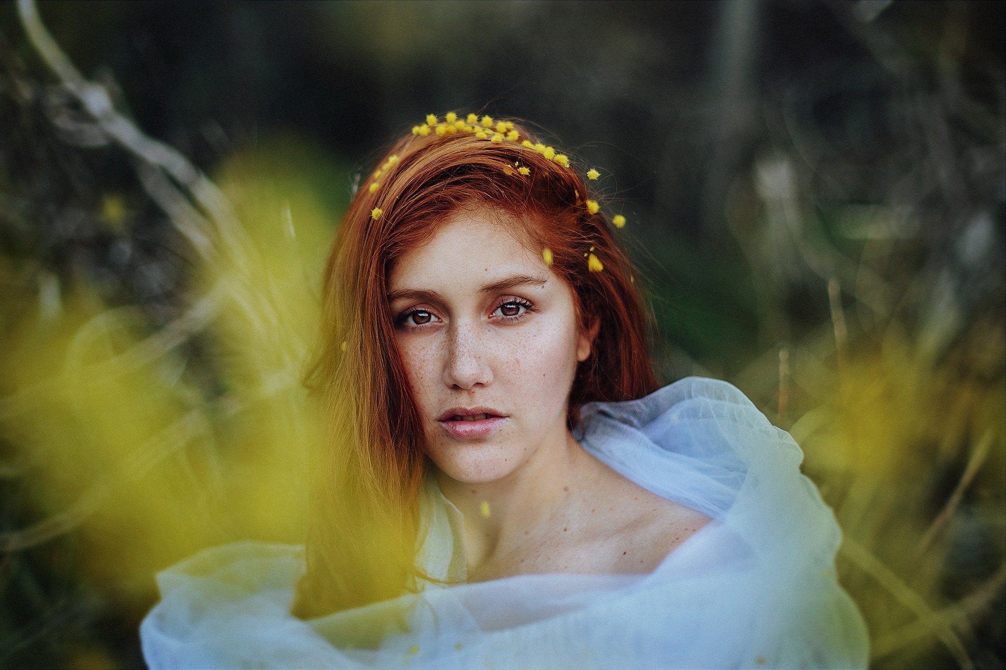 Woman with red hair and yellow flowers in her hair HD Wallpaper
