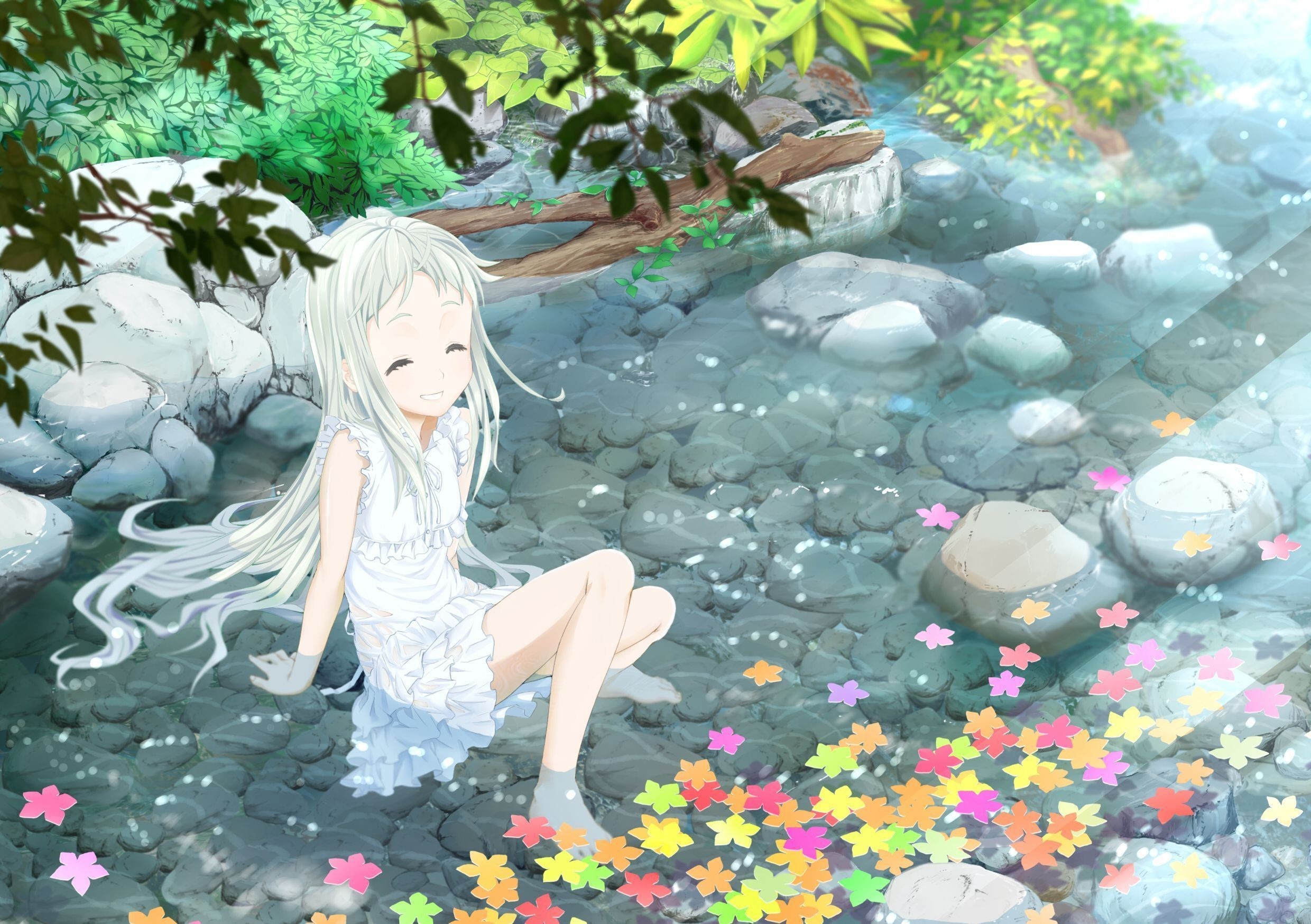 Menma from Anohana sitting by a stream HD Wallpaper