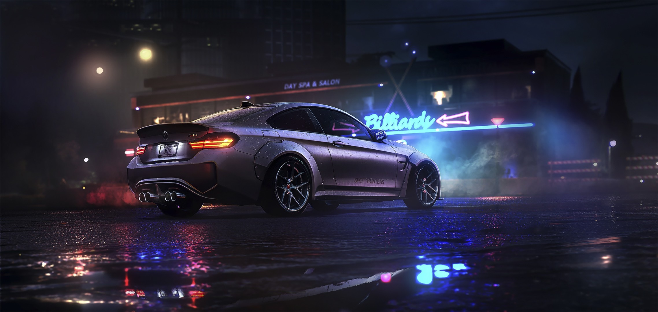 BMW M4 sports car on wet street at night HD Wallpaper