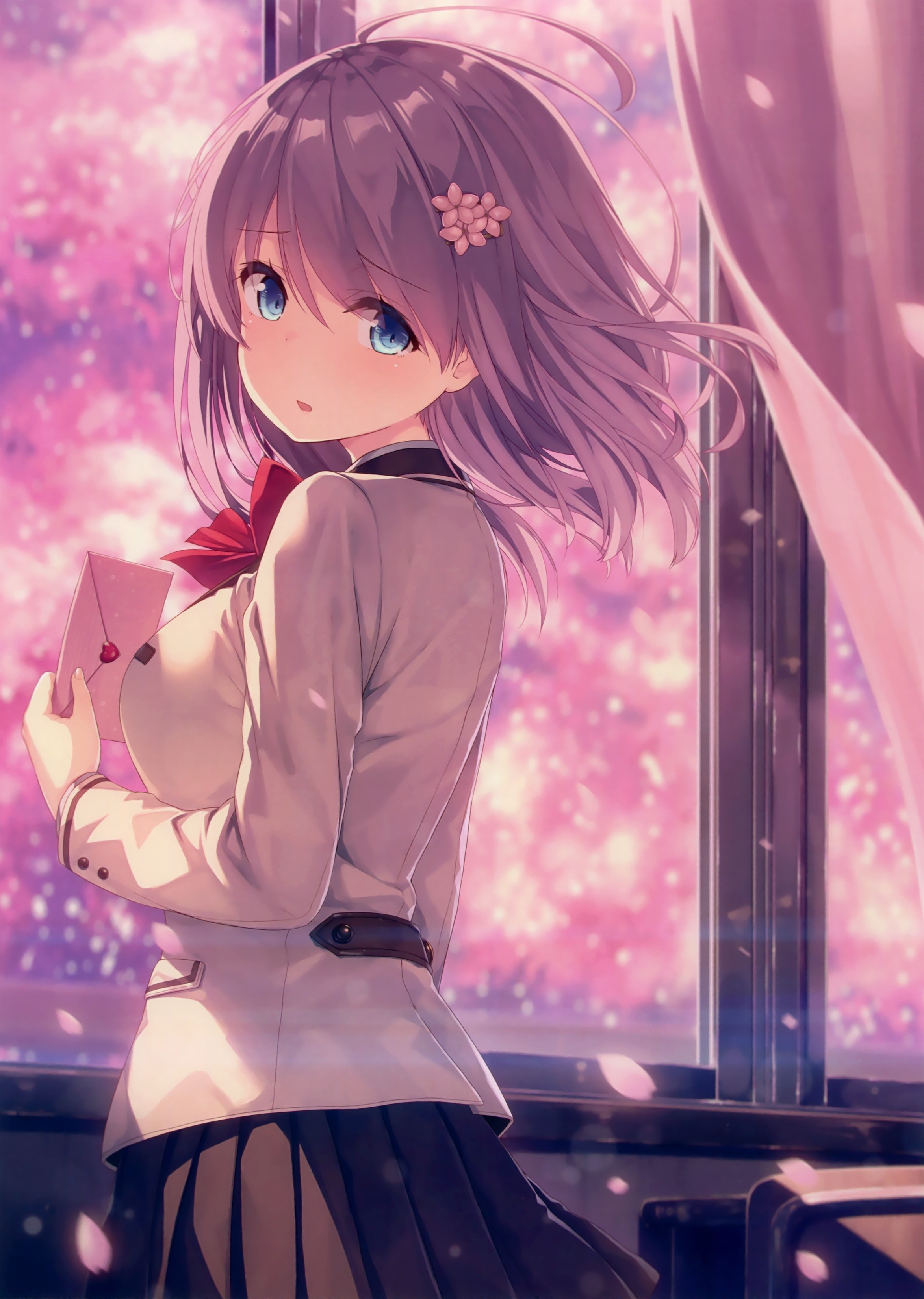 Anime girl with blue eyes and short purple hair holding a letter HD Wallpaper