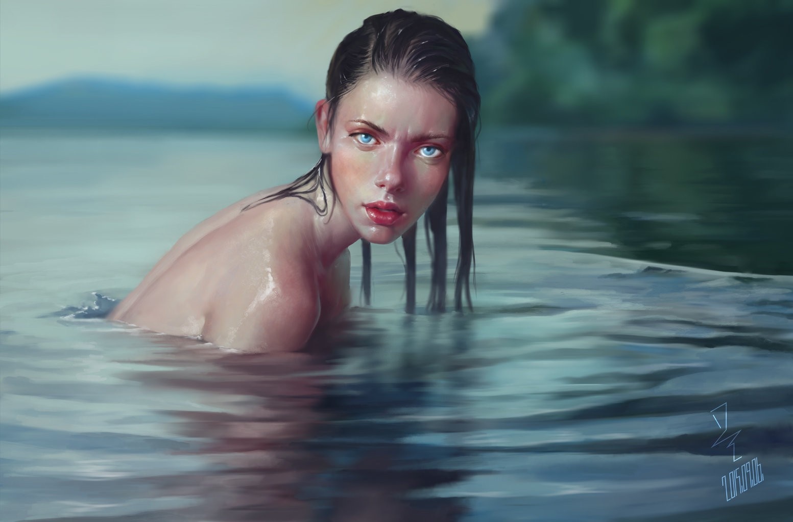 Woman emerging from water HD Wallpaper