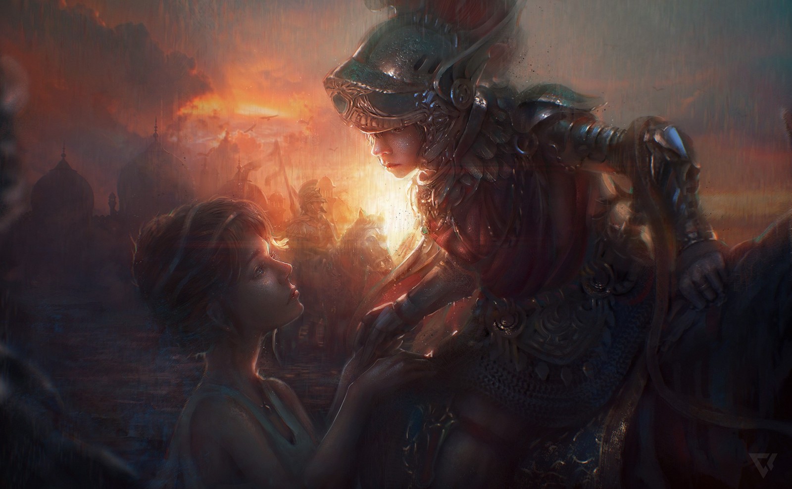 Fantasy warrior in armor interacts with a woman at sunset HD Wallpaper