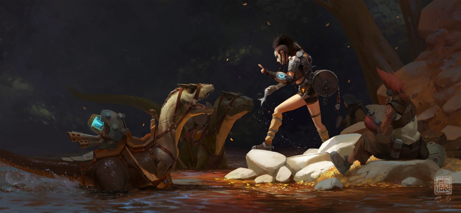 Fantasy art of people with dinosaurs in a forest HD Wallpaper