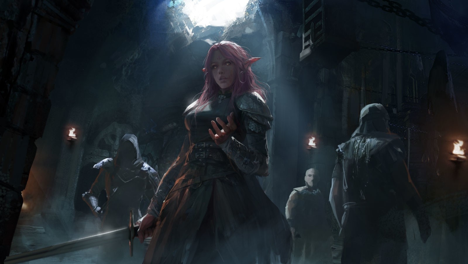 Elf warrior with sword and followers in a dark dungeon HD Wallpaper