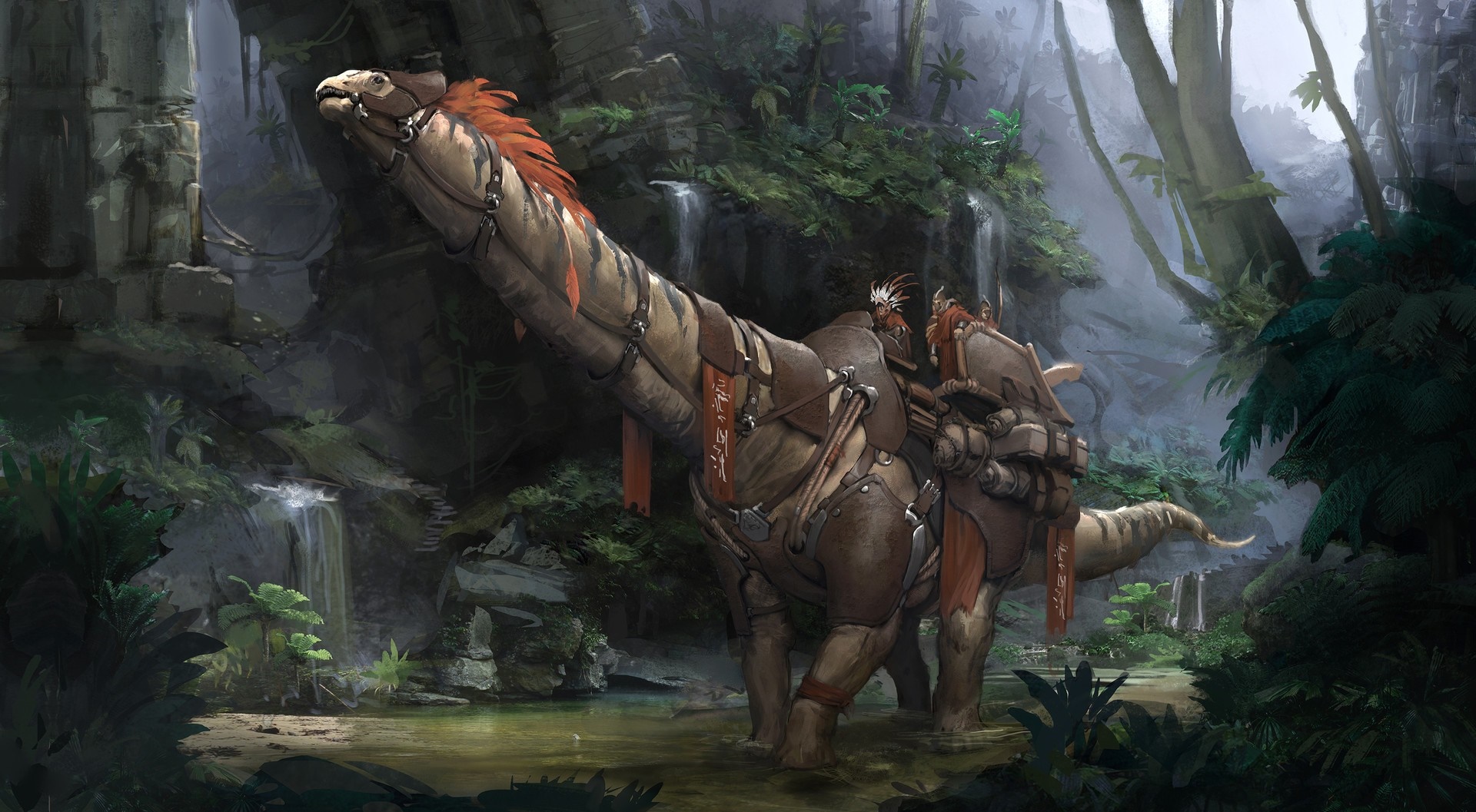 Fantasy creature with riders in a jungle with waterfalls HD Wallpaper