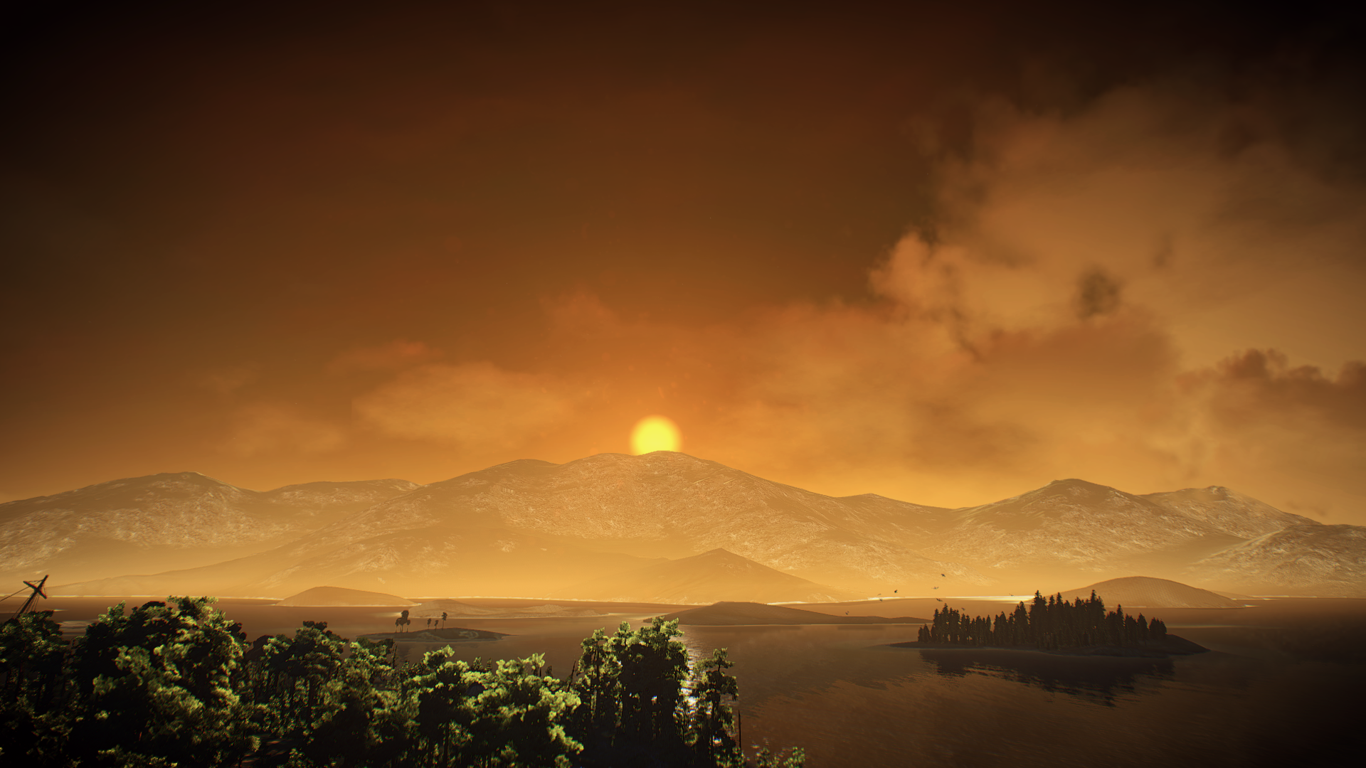 The Witcher 3 Wild Hunt sunset over mountains and lake HD Wallpaper