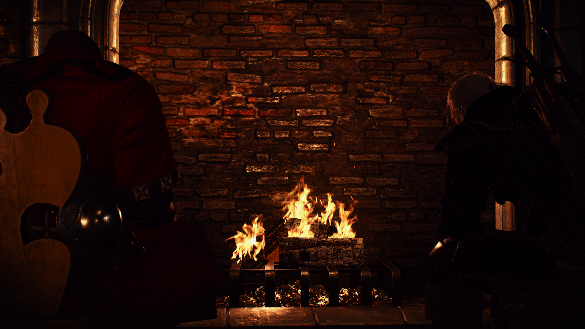 Two figures by a fireplace in The Witcher 3: Wild Hunt HD Wallpaper