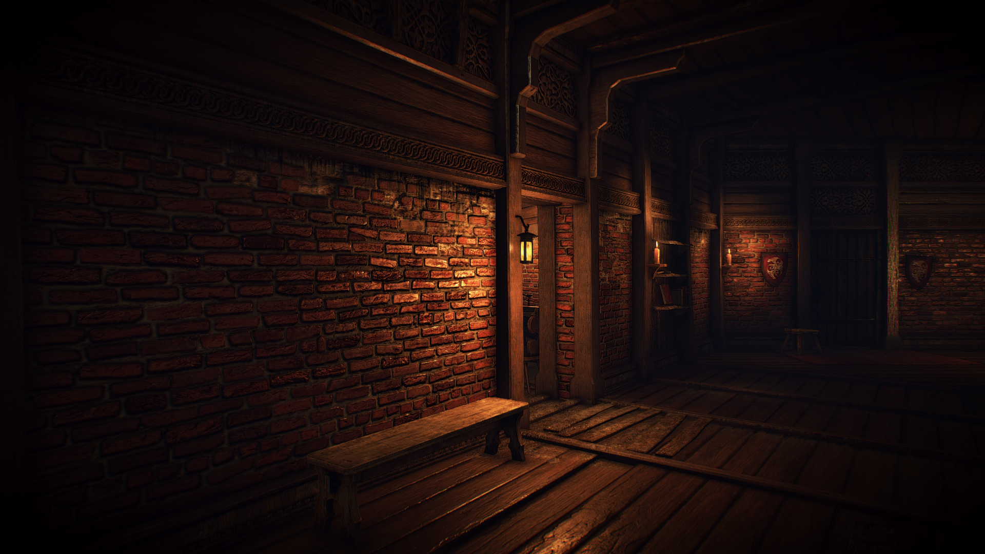 Interior of a dark wooden hall with brick walls HD Wallpaper