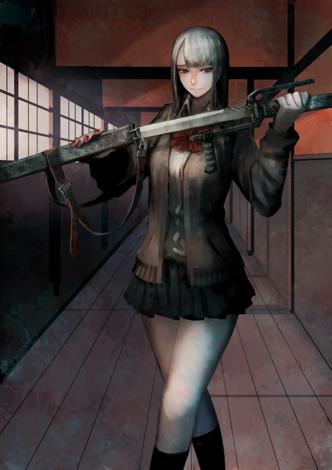 Anime girl with sword in traditional Japanese room HD Wallpaper