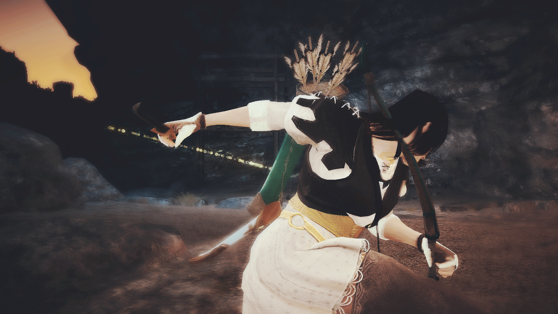 Anime character with bow and arrow in a cave HD Wallpaper
