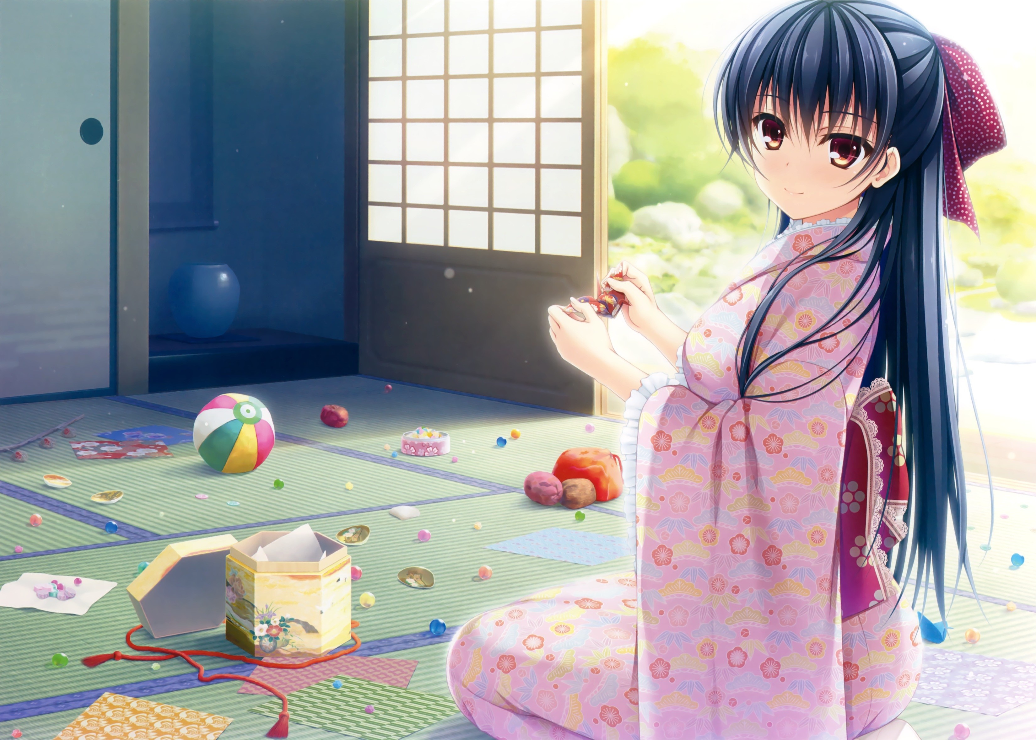 Anime girl in kimono playing with toys HD Wallpaper