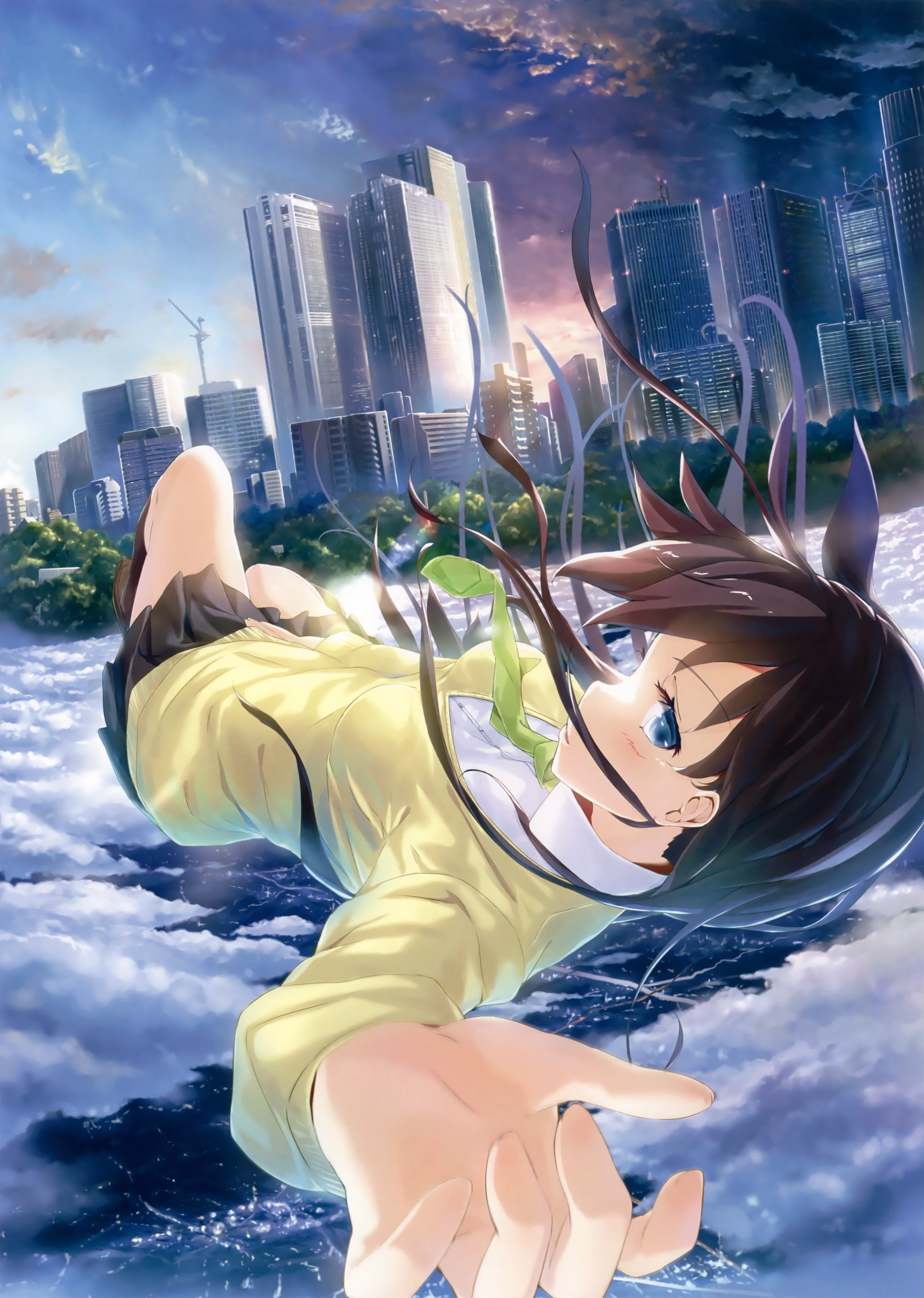 Anime girl falling from the sky above a city HD Wallpaper