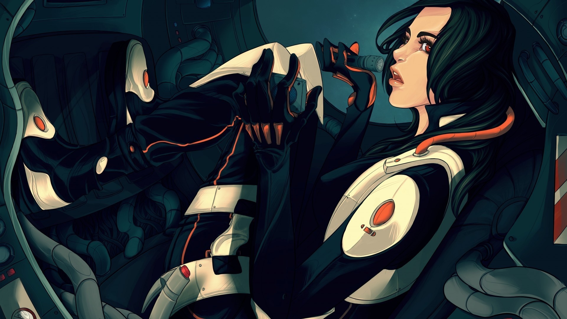 Woman in futuristic suit in a cockpit HD Wallpaper