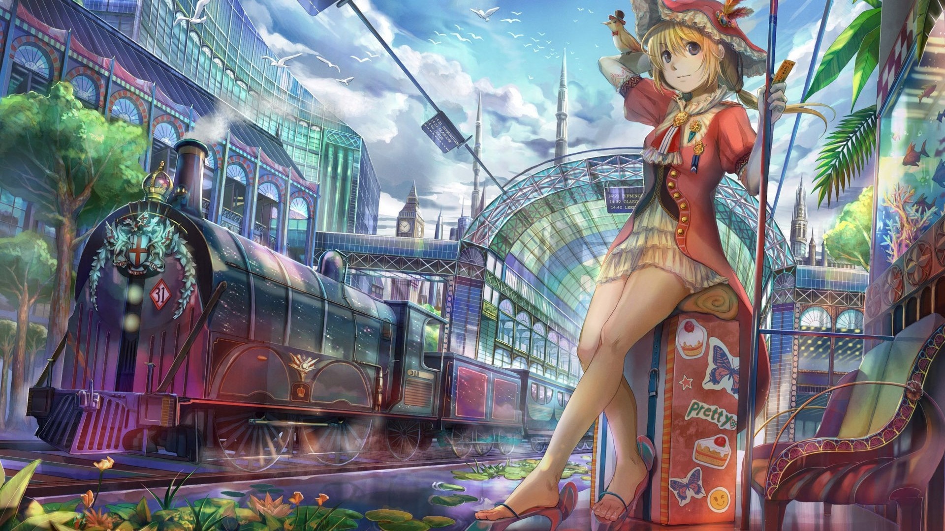 Anime girl at a train station with a steam train HD Wallpaper