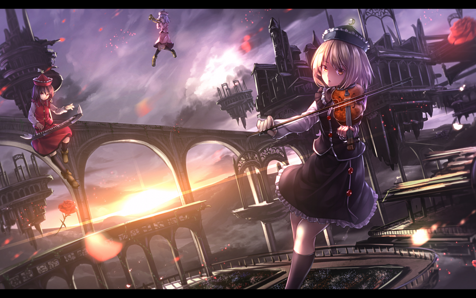 Anime girls playing music in a ruined city HD Wallpaper