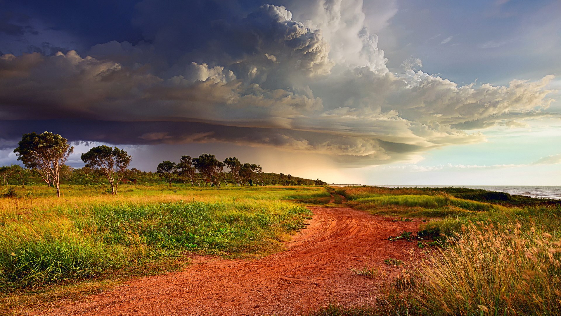 Dirt road through a grassy field under stormy clouds HD Wallpaper