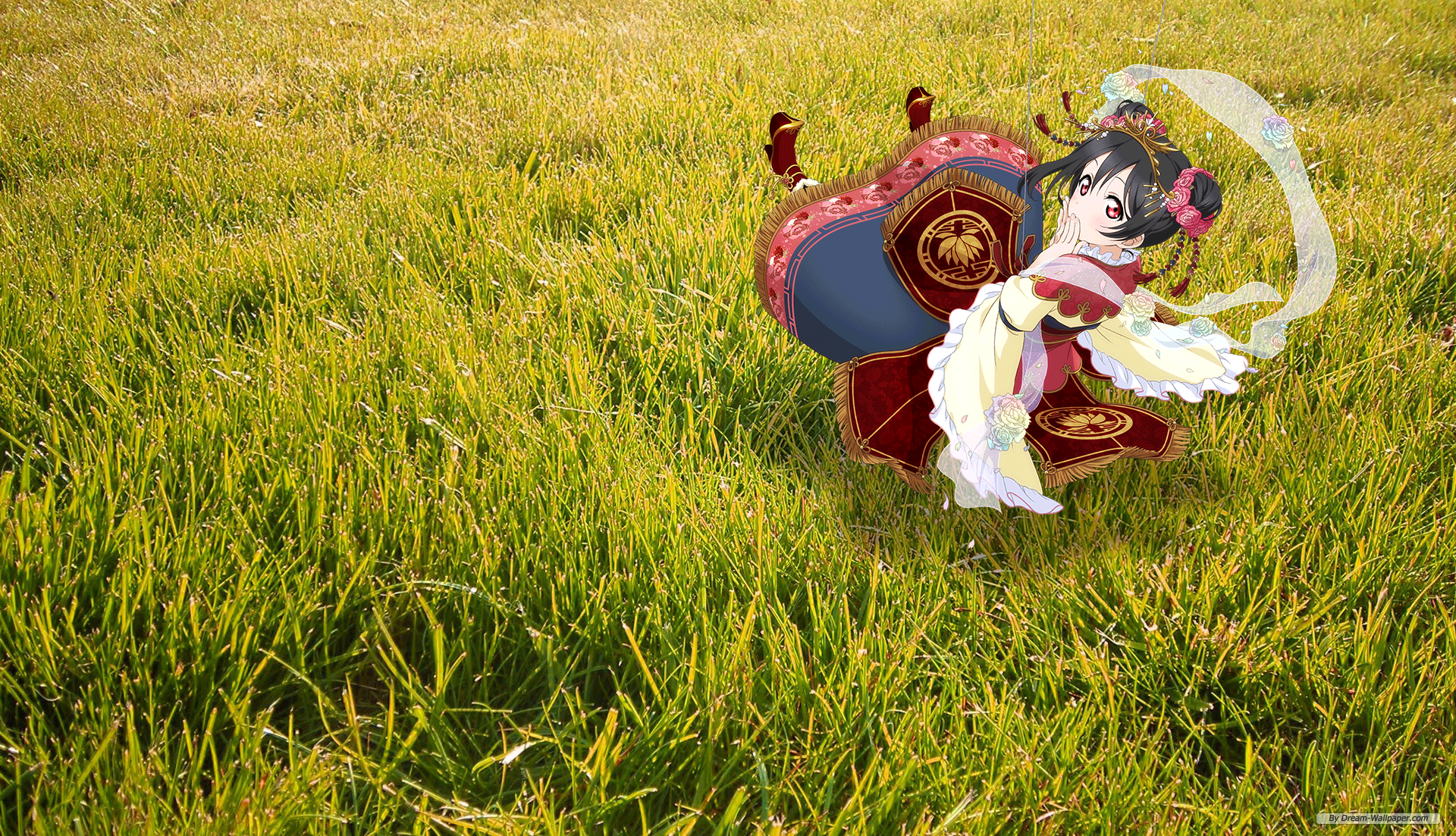 Nico Yazawa from Love Live in traditional Japanese attire on grass HD Wallpaper