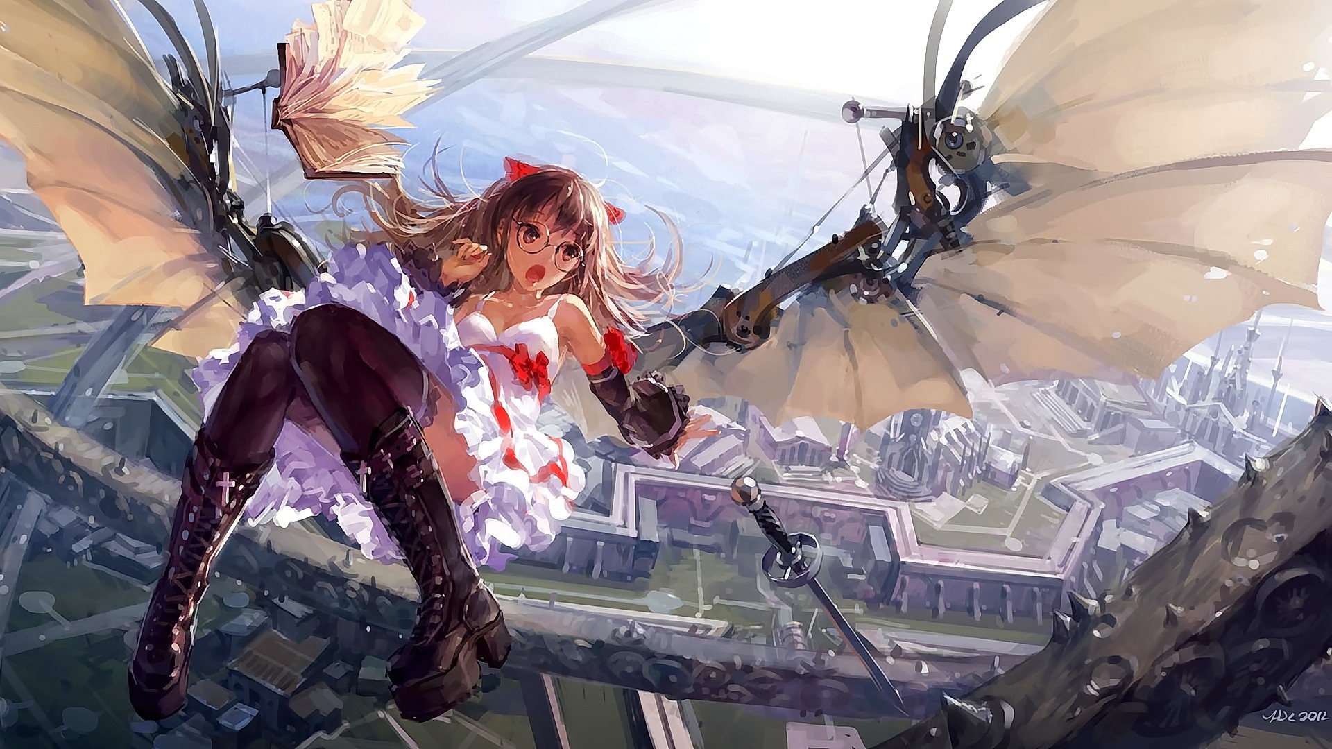 Anime girl with mechanical wings flying over a city HD Wallpaper